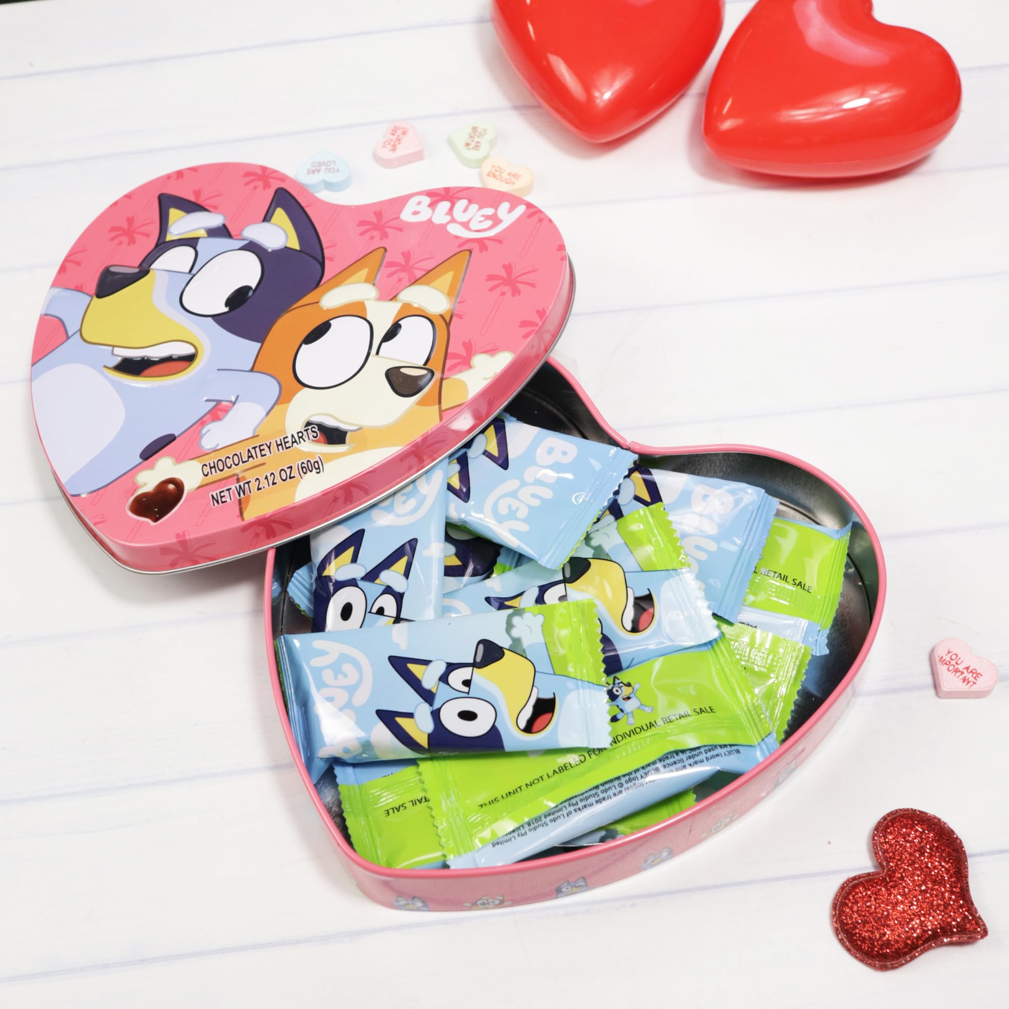 Bluey Valentine's Candy Gift Box, Milk Chocolatey Hearts Inside, Individually Wrapped Pieces, Collectible Heart Container, 2.12 Ounces