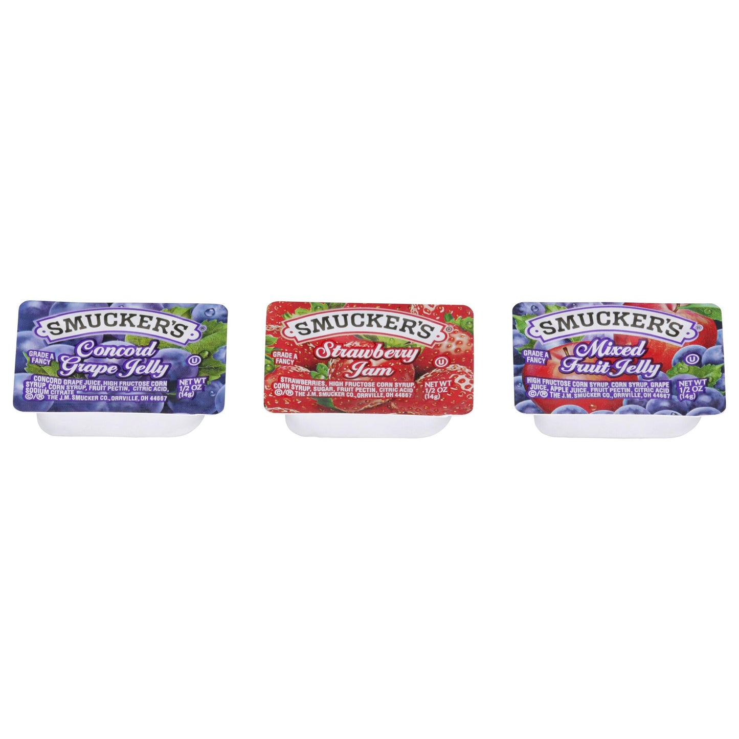 Smucker's Strawberry Jam, Mixed Fruit and Concord Grape Jelly Assortment, 1/2 oz Plastic Portion Control Cup, 200-Count Case