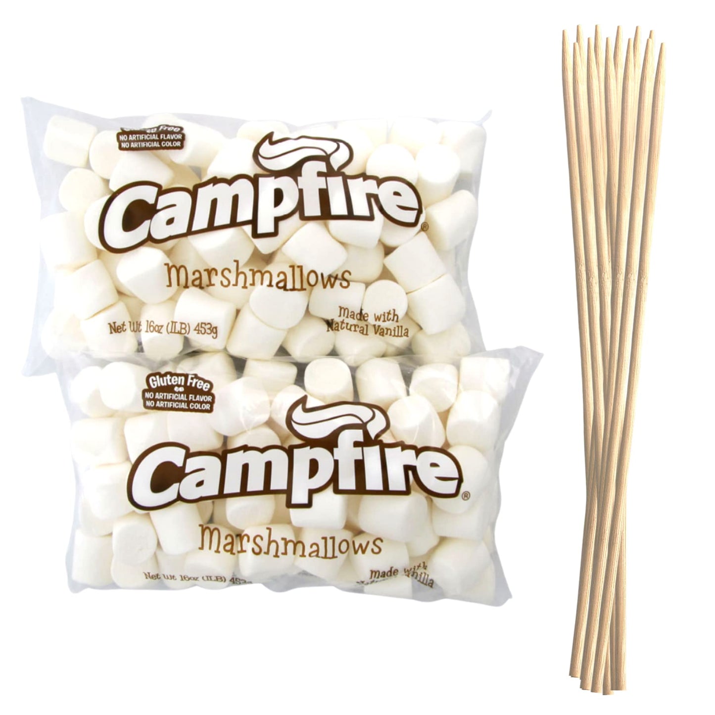 2 Pounds of Large White Marshmallows with Bonus Roasting Sticks - Made with Natural Vanilla, No Artificial Flavors - Great for Campfires, S'Mores