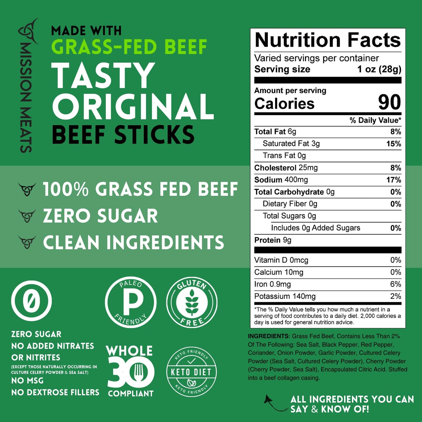 Mission Meats Beef Sticks - 100% Grass Fed Beef, Zero Sugar, Healthy Snacks, Individually Wrapped, Gluten Free, Non-GMO, Original 1oz (Pack of 12)