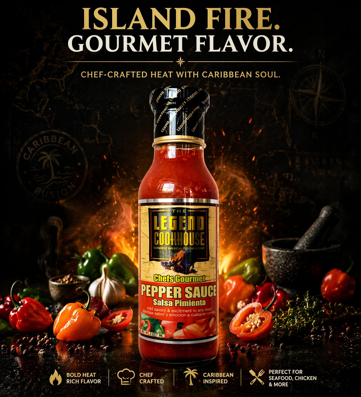 Legend Cookhouse Chefs Gourmet Pepper Sauce | Caribbean Habanero Hot Sauce | Tangy Island Style Pepper Sauce for Seafood, Wings, BBQ and Marinades | 8