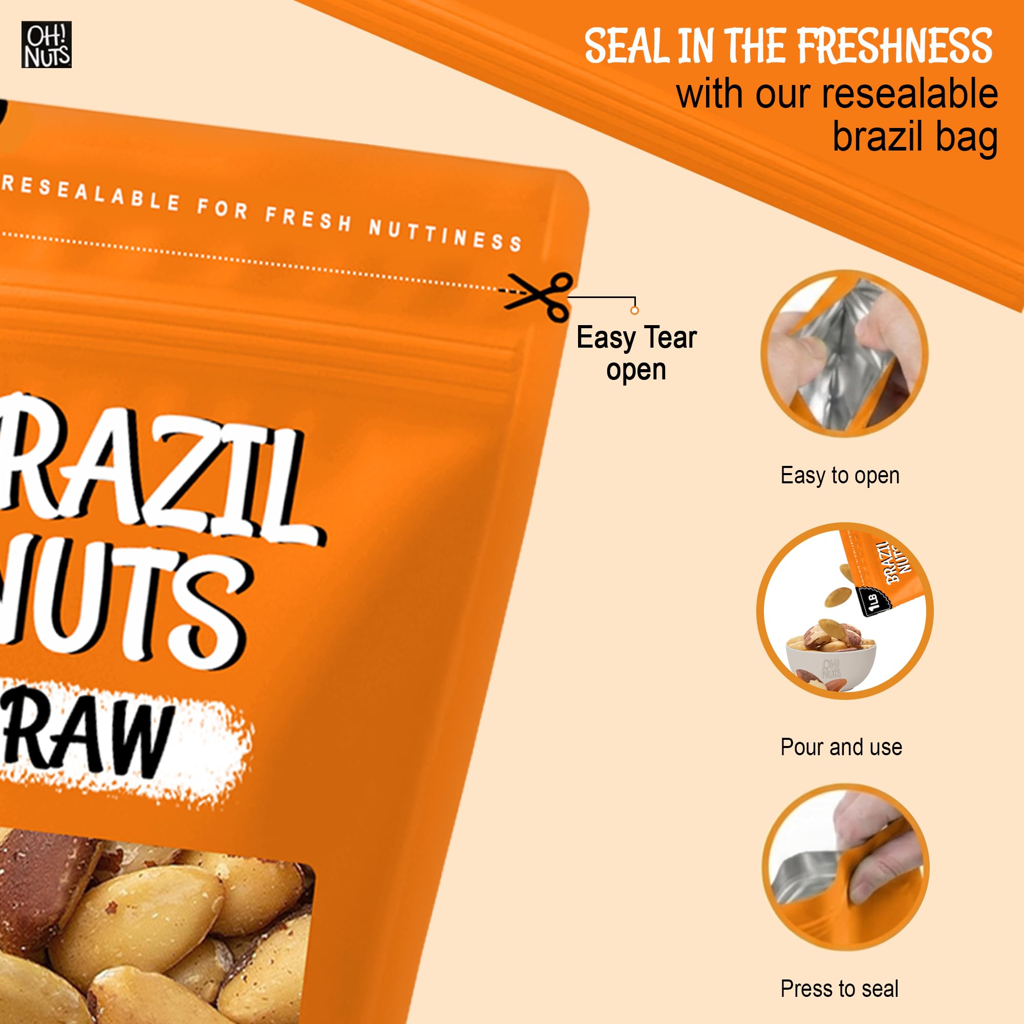 Oh! Nuts Brazil Nuts, Raw, Unsalted, No Shell, Whole - 1 lb in Resealable Bag - 100% Natural Nuts, Rich in Selenium - Vegan, Kosher, Gluten-Free Snack
