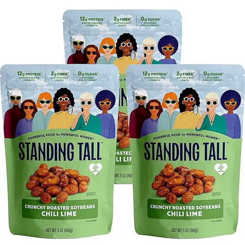 Standing Tall Roasted Soybean - Chili Lime- 12g protein, 2g fiber, 0g sugar, Plant-Based Vegan Snack, Gluten-Free, Non-GMO, 3 Count Variety Pack, 5oz