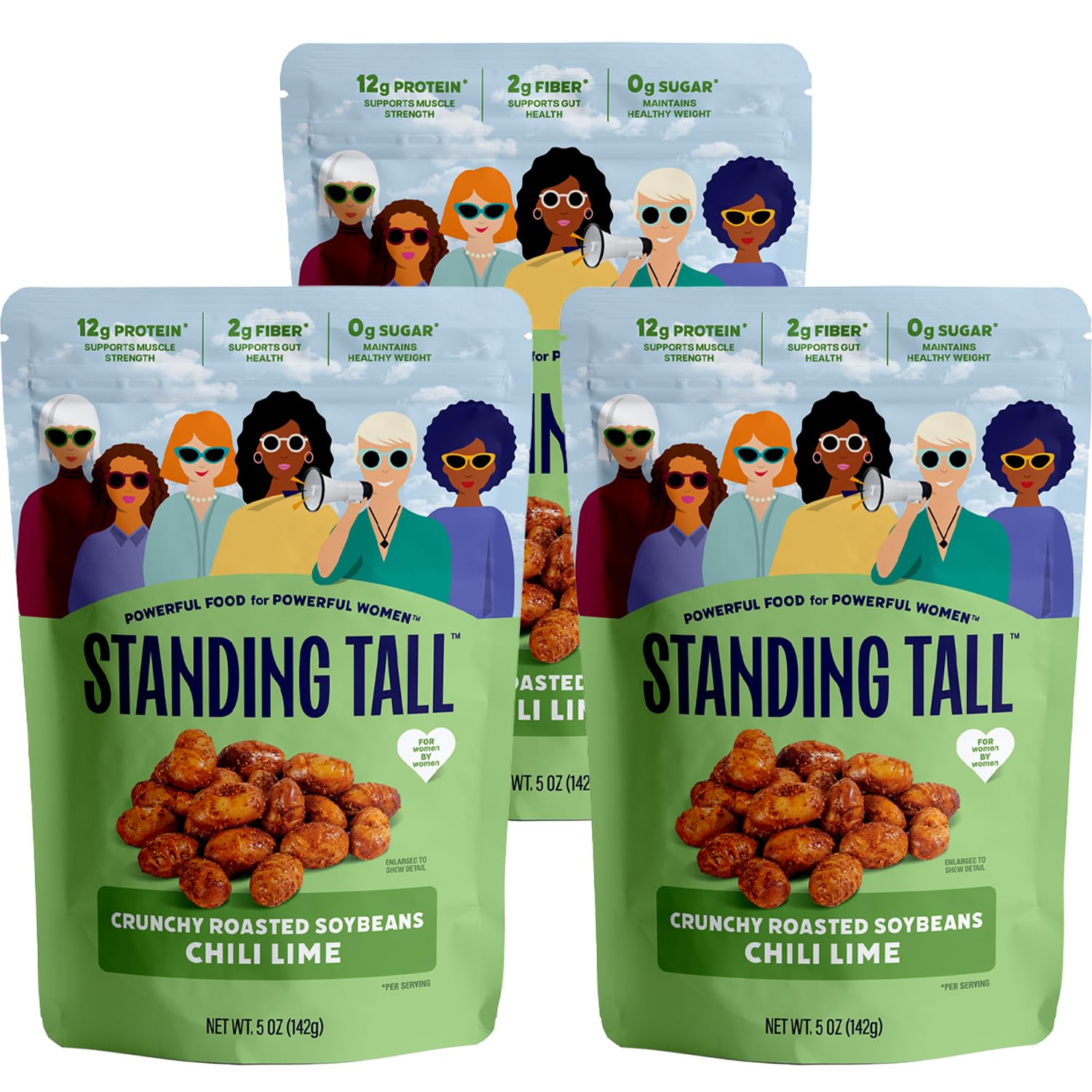 Standing Tall Roasted Soybean - Chili Lime- 12g protein, 2g fiber, 0g sugar, Plant-Based Vegan Snack, Gluten-Free, Non-GMO, 3 Count Variety Pack, 5oz