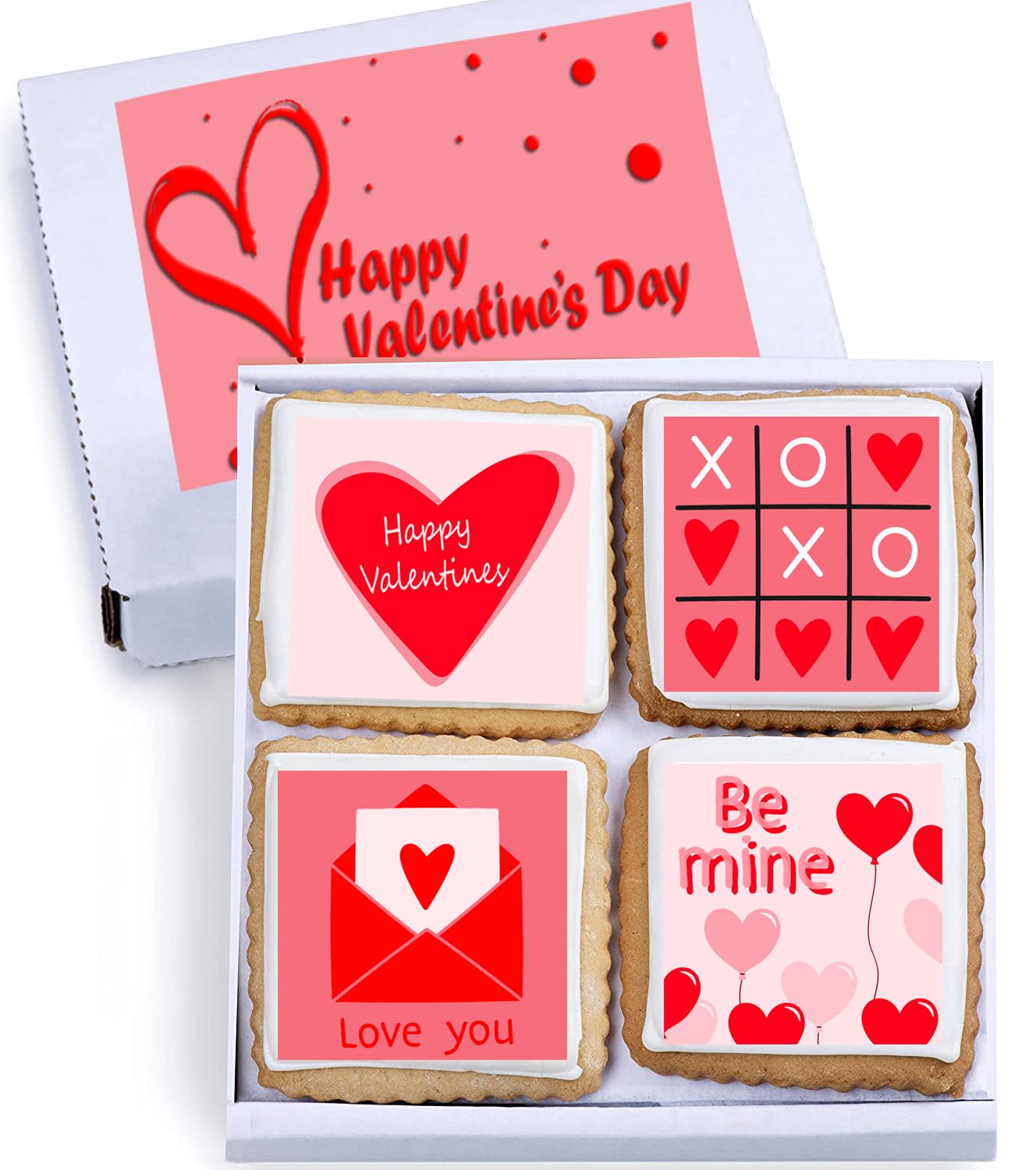 Happy Valentines Day Cookies Gift Basket, Decorated Vanilla Sugar Cookie Greeting Card, Unique Cool Food Gift Box, For Him, Her, Boy, Girl