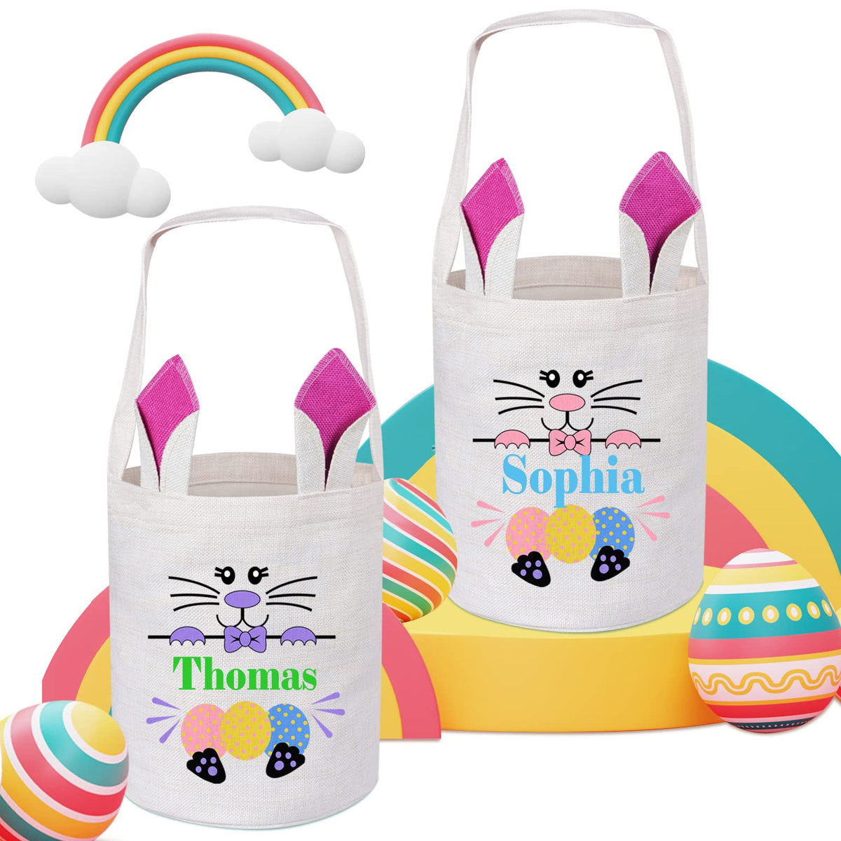 Touber Personalized Easter Baskets for Kids, 2 Pack Easter Bunny Basket Ideas Easter Gifts for Baskets Easter Baskets with Name Easter Egg Hunt Basket