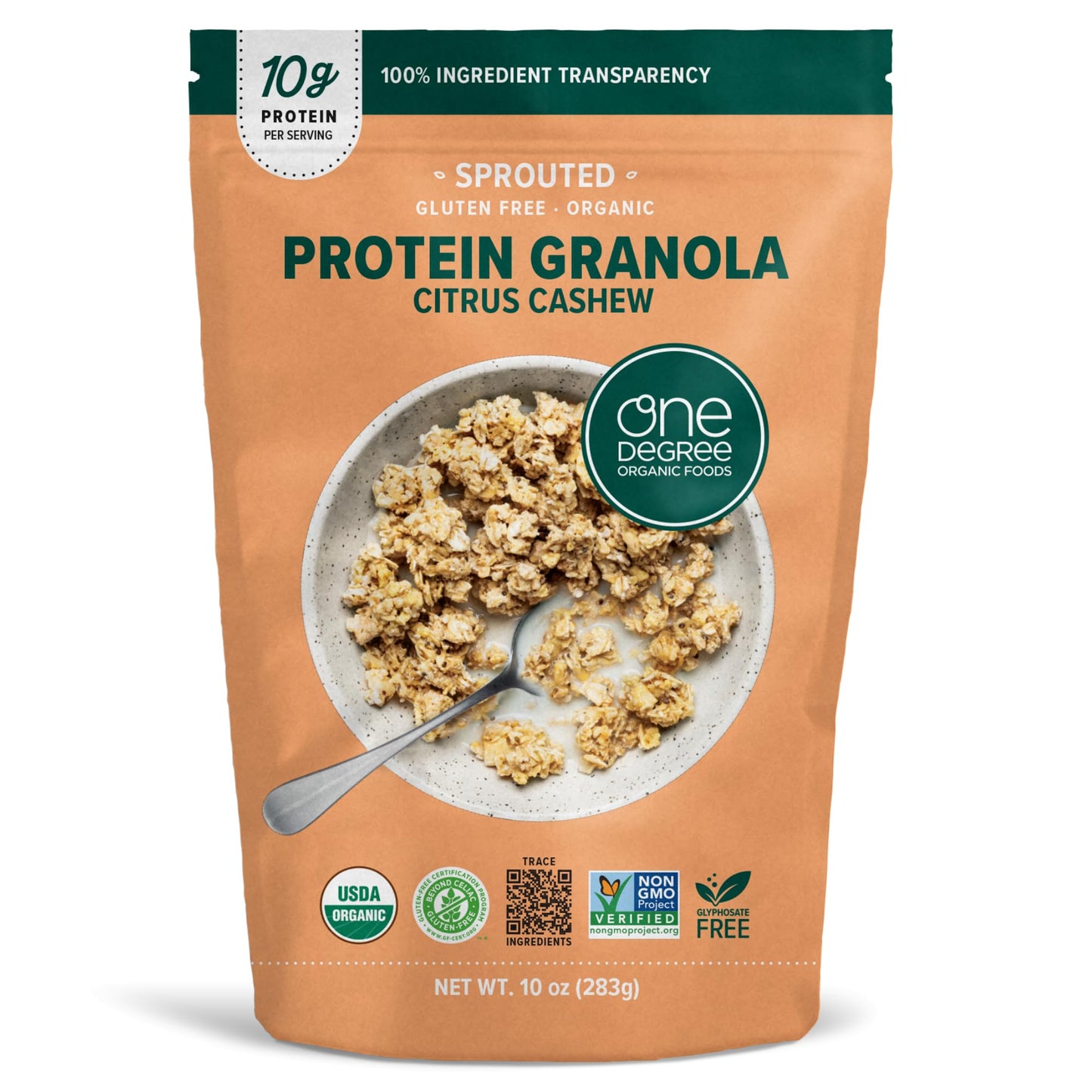 One Degree Organics Gluten Free Sprouted Citrus Cashew Protein Granola, 10 ounce (Pack of 1)