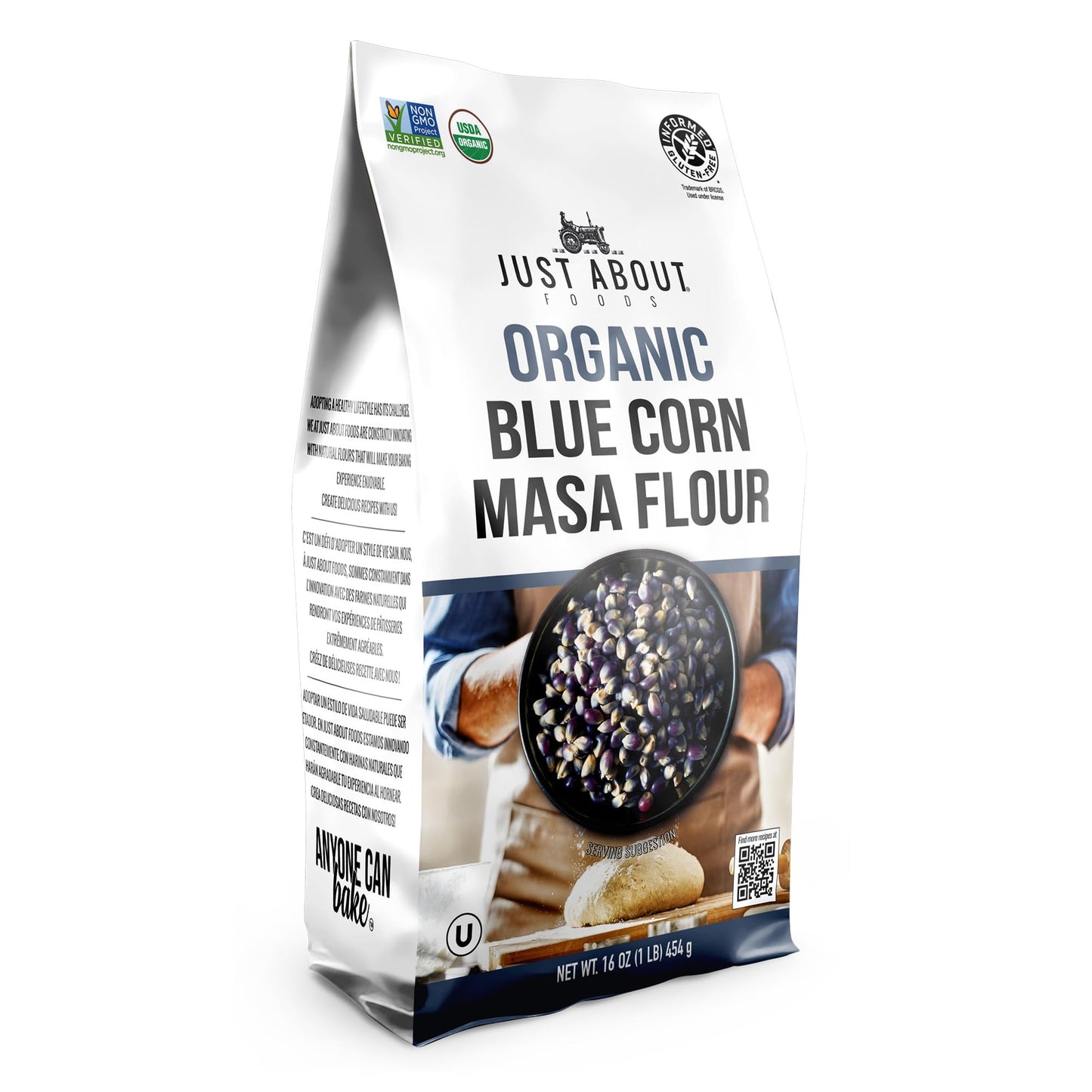 USDA Organic Blue Corn Flour 1lb, Flour for Tortillas, Sopes, and Mexican Dishes, Gluten-Free, Kosher and Vegan, Masa Flour for Baking, Just About