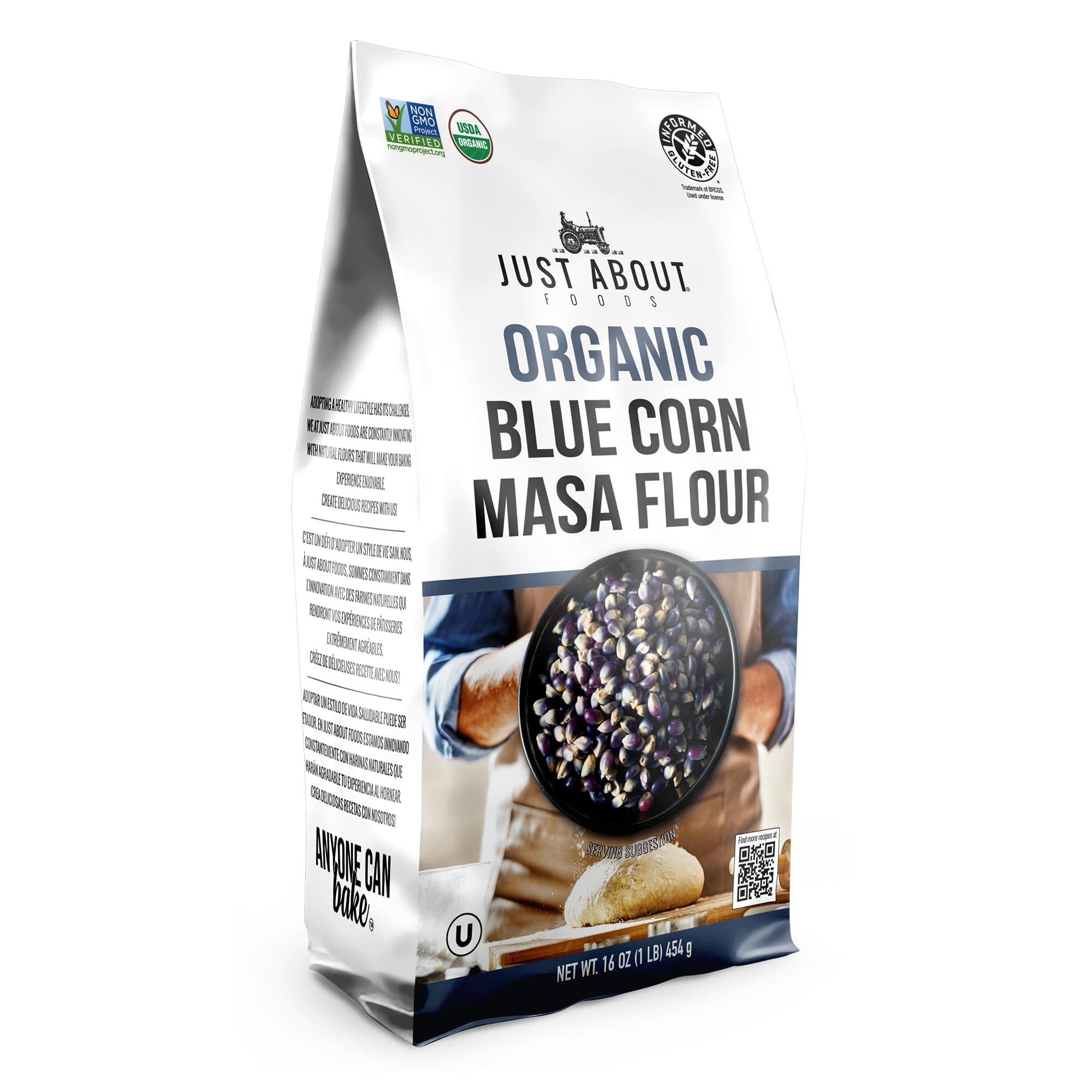 USDA Organic Blue Corn Flour 1lb, Flour for Tortillas, Sopes, and Mexican Dishes, Gluten-Free, Kosher and Vegan, Masa Flour for Baking, Just About