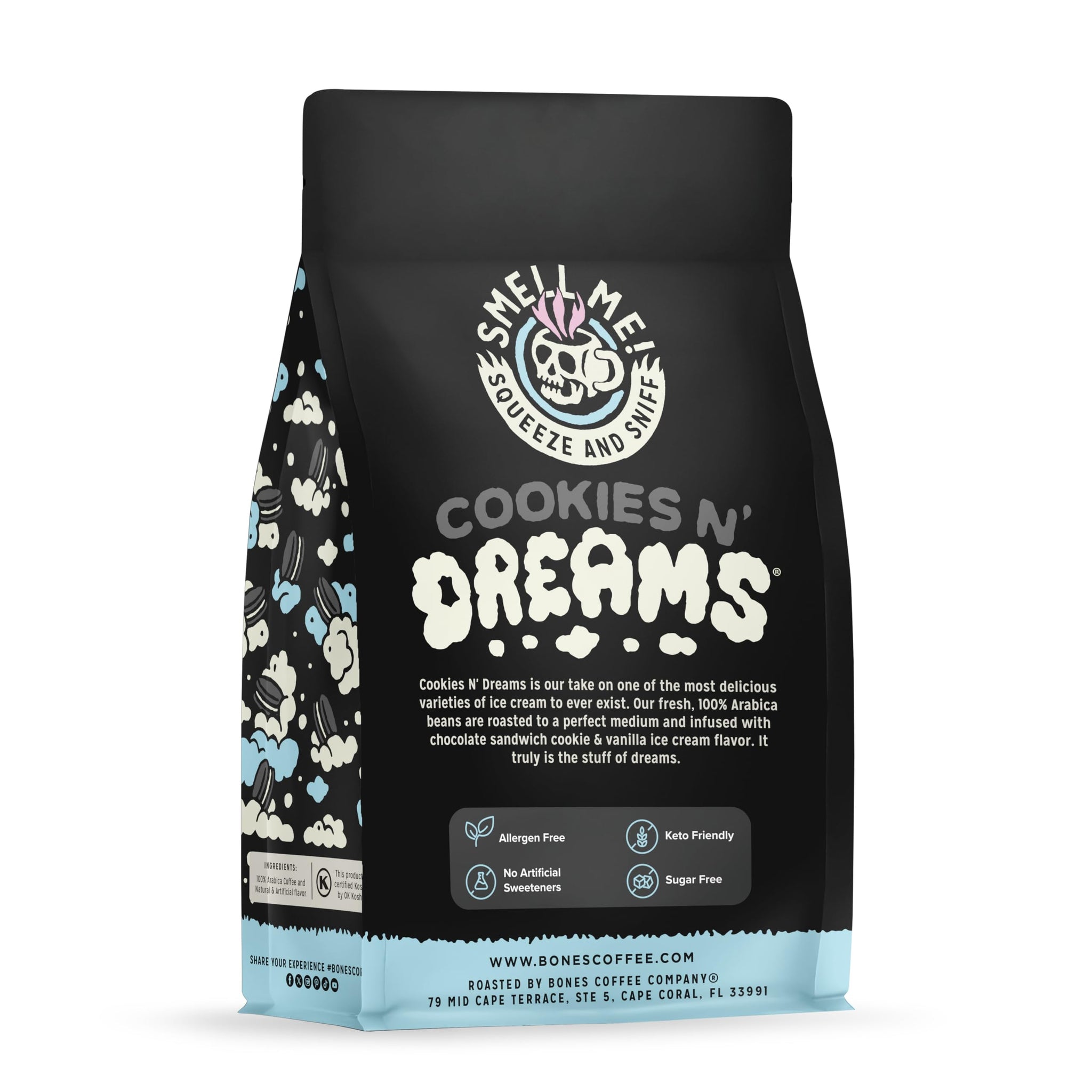 Bones Coffee Company Cookies 'N Dreams Cookies and Cream Flavored Coffee, Medium Roast Low Acid Arabica Beans Compatible with Auto drip and French