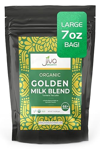 Jiva Organics Turmeric Tea Latte - Golden Milk Powder 7 Ounce (200g) - Ashwagandha, Cardamom, Ginger, Black Pepper & More