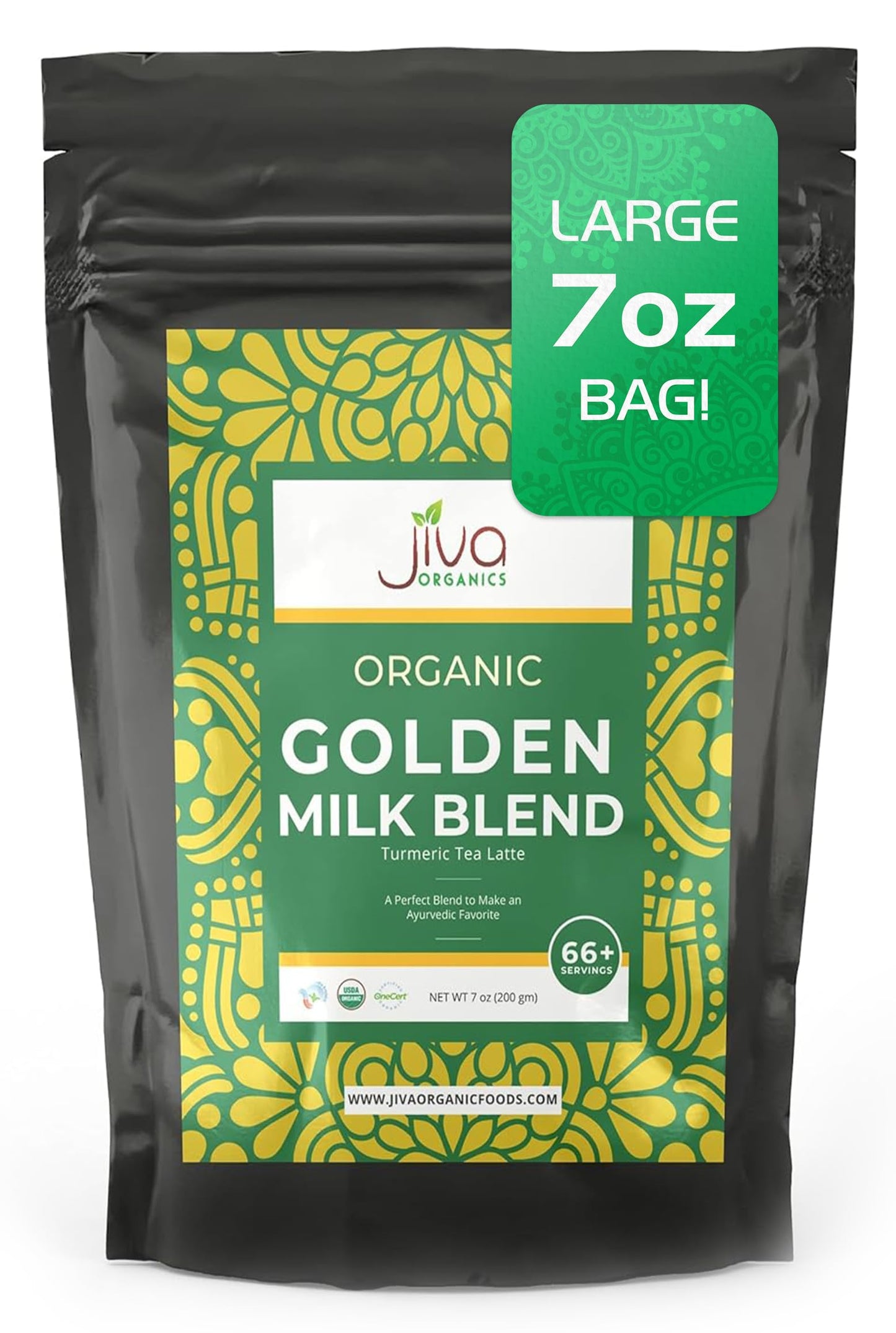 Jiva Organics Turmeric Tea Latte - Golden Milk Powder 7 Ounce (200g) - Ashwagandha, Cardamom, Ginger, Black Pepper & More