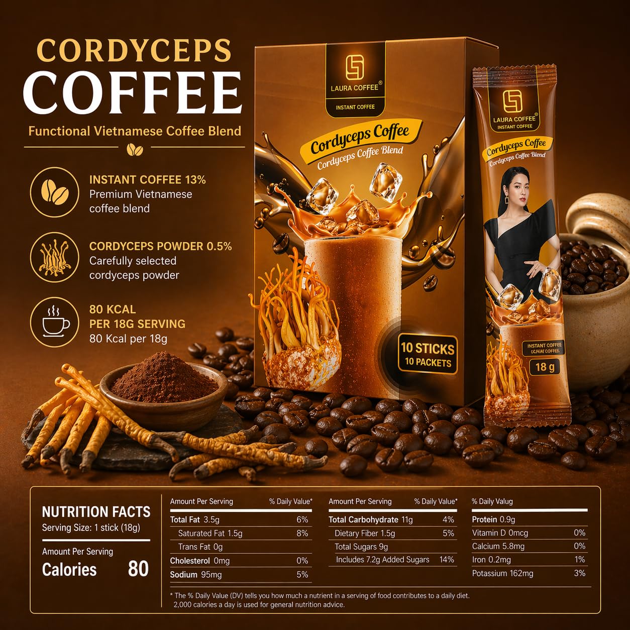 Laura Cordyceps Mushroom Coffee, Vietnamese Instant Coffee 3 in 1, Energy Focus Coffee Mix, 10 Sachets, Strong Coffee Flavor