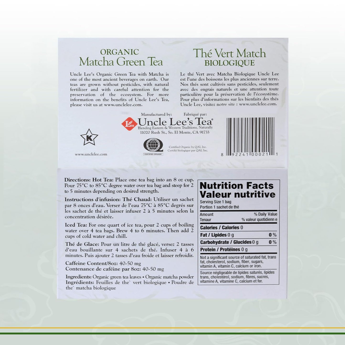 Uncle Lee's Organic Matcha Green Tea Bags, 40 Count - Antioxidant-Rich, Low Caffeine, Naturally Energizing Blend