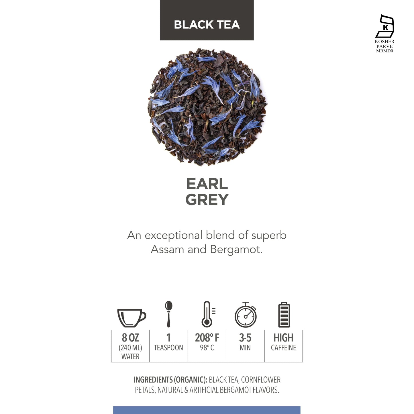 Teabloom Kosher Certified Earl Grey Loose Leaf Tea, Classic Assam Tea With Blue Cornflower Petals, 3.88 Ounce Canister Makes 35-50 Cups