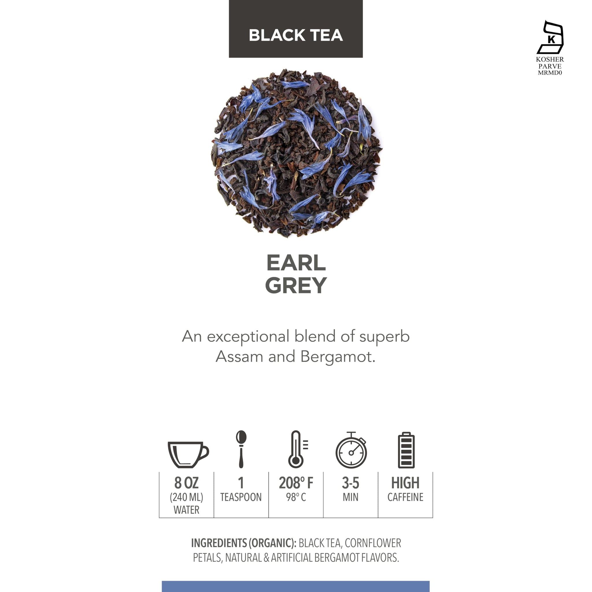 Teabloom Kosher Certified Earl Grey Loose Leaf Tea, Classic Assam Tea With Blue Cornflower Petals, 3.88 Ounce Canister Makes 35-50 Cups