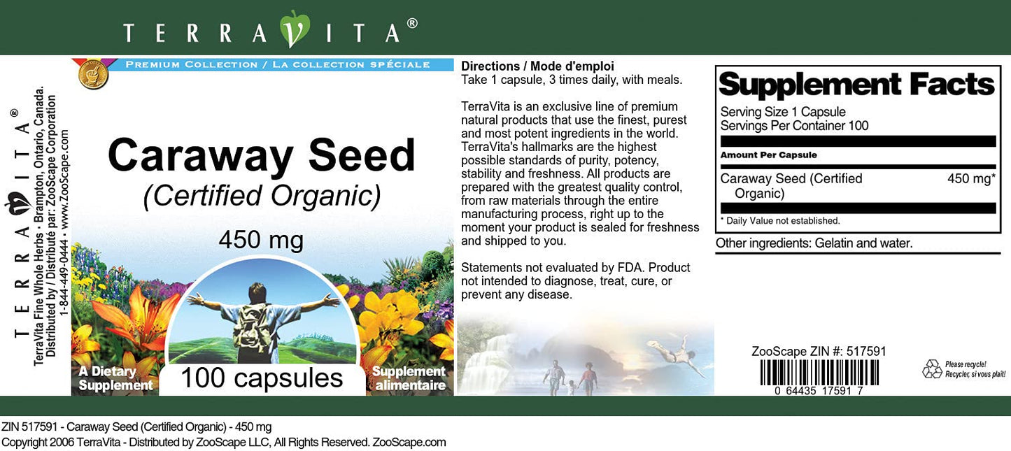 Caraway Seed (Certified Organic) - 450 mg (100 Capsules, ZIN: 517591) - 3 Pack