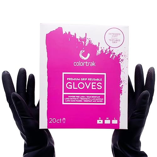 Colortrak Reusable Latex Salon Gloves, Black, Powder-Free Textured Grip Hair Color Gloves for Chemical Processing & Salon Services, Long Cuff, 20