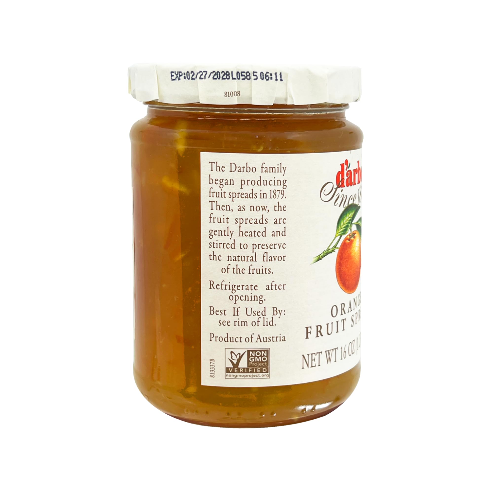 D’arbo Orange Fruit Spread, 16 oz (454 g) | All-Natural Austrian Marmalade | Made with Real Oranges | No Artificial Colors or Preservatives