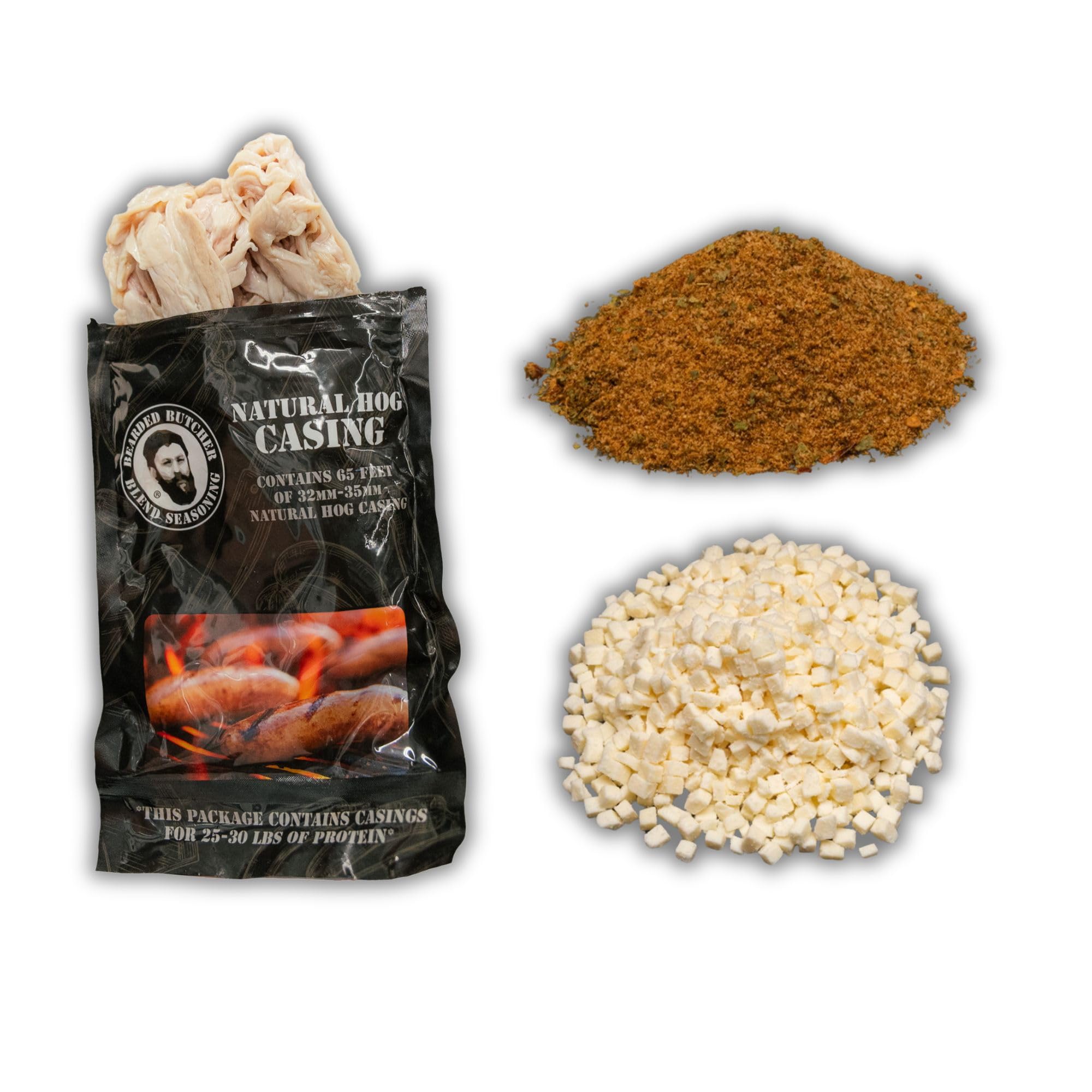 Bearded Butchers Tailgater Bratwurst DIY Kit - Mild Cheesy Brats - Includes Tailgater Seasoning, Swiss Cheese & 32mm-35mm Natural Hog Casings - Makes