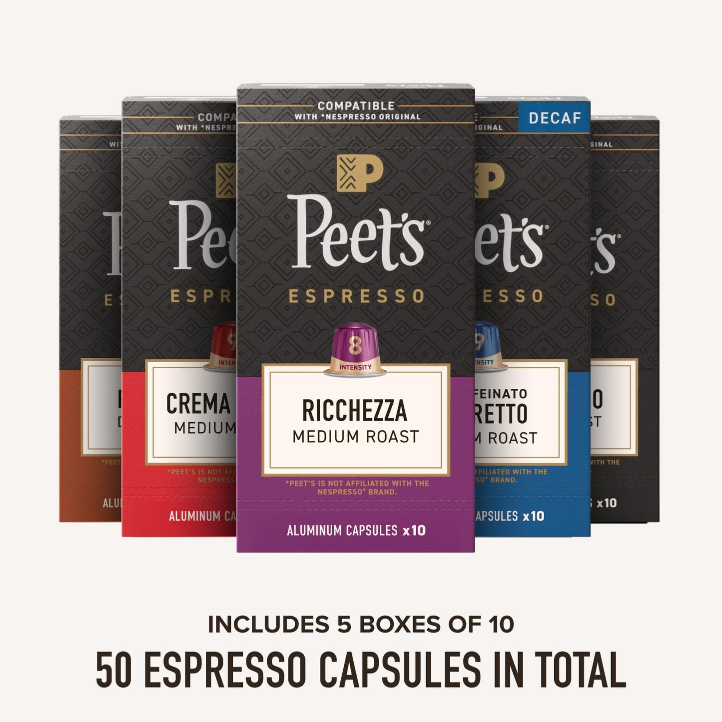Peet's Coffee, Dark and Medium Roast Espresso Capsules Variety Pack with Decaf, Compatible with Nespresso Original Machine, Arabica Coffee - Intensity