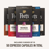 Peet's Coffee, Dark and Medium Roast Espresso Capsules Variety Pack with Decaf, Compatible with Nespresso Original Machine, Arabica Coffee - Intensity