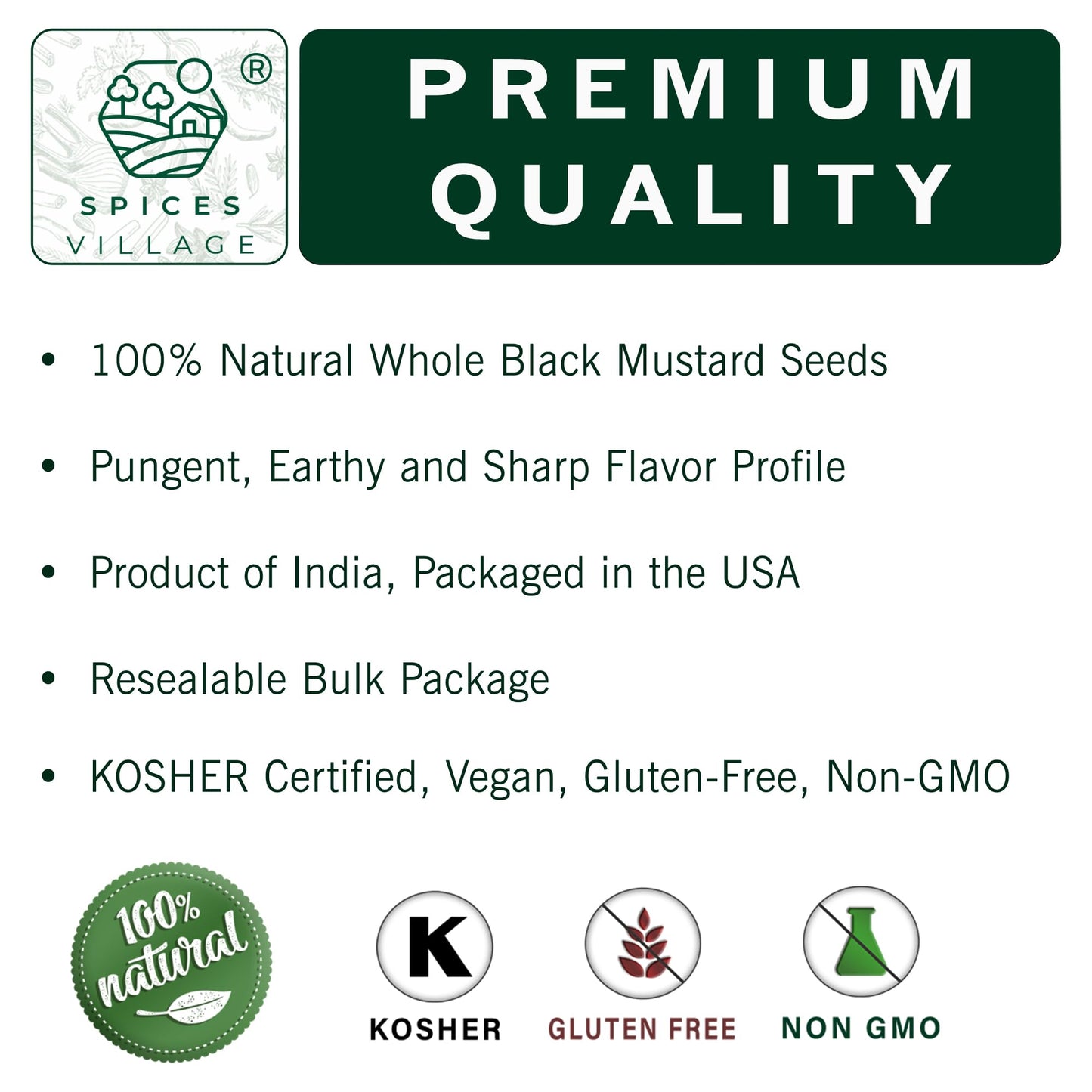 SPICES VILLAGE Black Mustard Seeds, 8 oz, Whole Mustard Spice for Pickling and Chutney, Kosher, Gluten Free, Non GMO, Resealable Bulk Bag