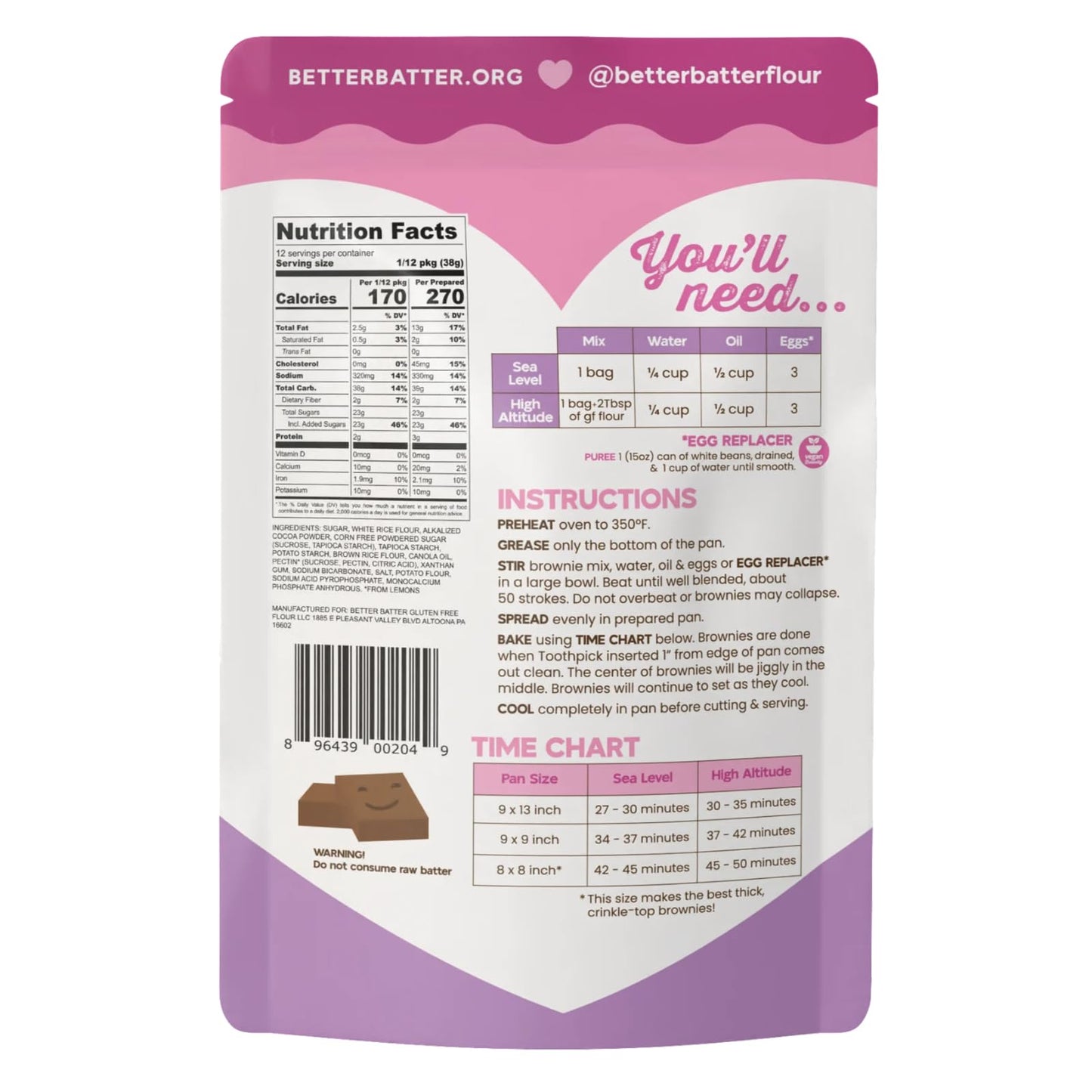 Better Batter Fudge Brownie Baking Mix, Certified Gluten Free, Non-GMO, Vegan, Kosher, Top 9 Allergen Friendly, Cup for Cup Baking Alternative, 20oz