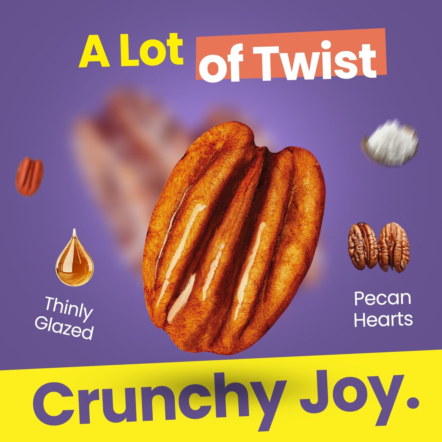 Yomms Crunchy Joy Glazed Whole Pecan Halves, 3.5 oz, Gluten-Free & Non-GMO Healthy Dessert Snack - Low Sugar Classic Candied Nut Pouch - Roasted