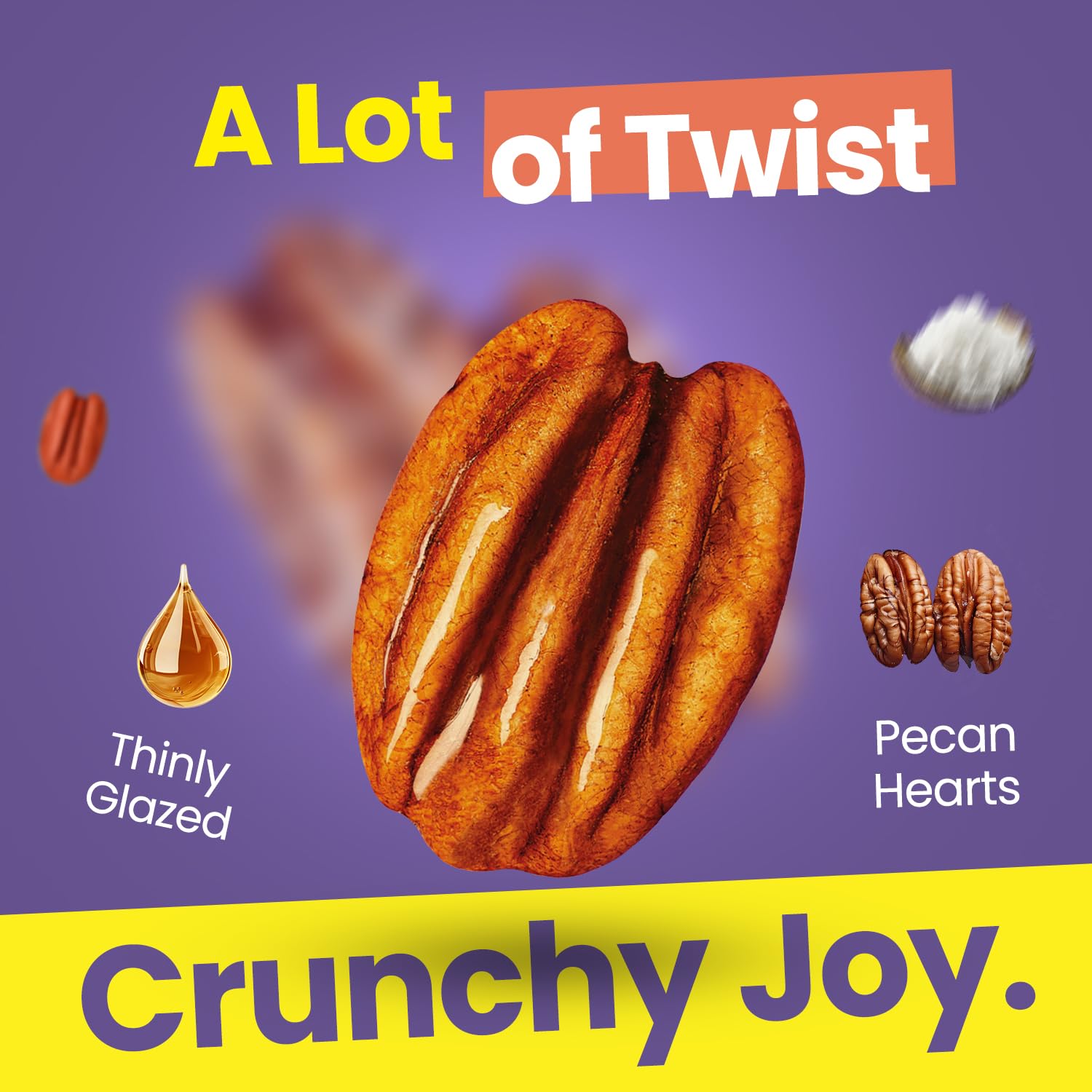 Yomms Crunchy Joy Glazed Whole Pecan Halves, 3.5 oz, Gluten-Free & Non-GMO Healthy Dessert Snack - Low Sugar Classic Candied Nut Pouch - Roasted