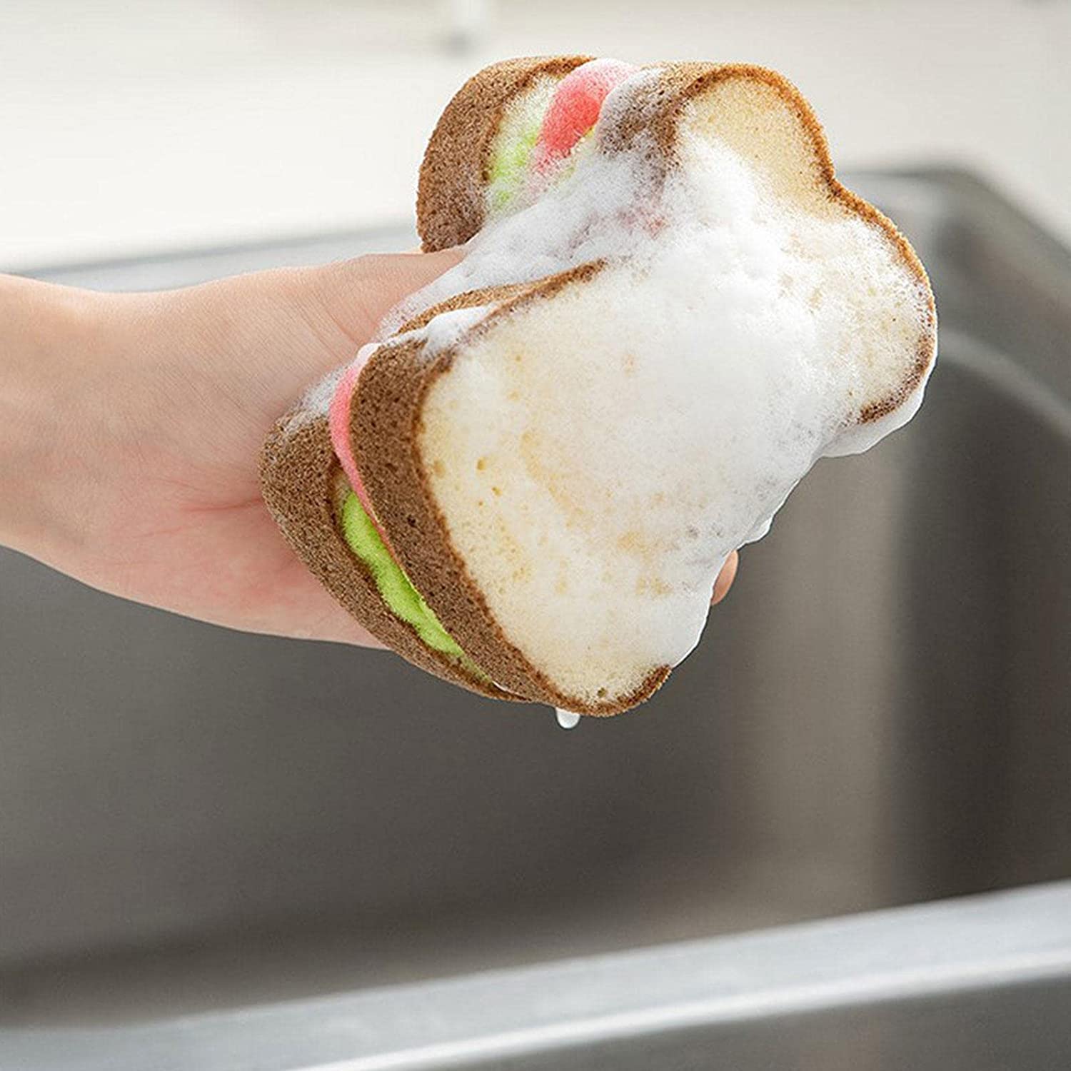 1Pc Multifunction Scrub Sponges, Toast Shape Dish-Washing, Magical Deep Cleaning Thickened Scrubber, Cute Sandwich Sponge, Pots Dishes Gadget