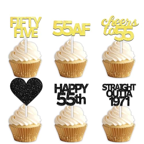18pcs Black Gold Glitter Dessert Cupcake Pick for Straight Outta 1971 Cheer to 55 Years Old Theme Decor Supplies Happy 55th Birthday Party Decoration