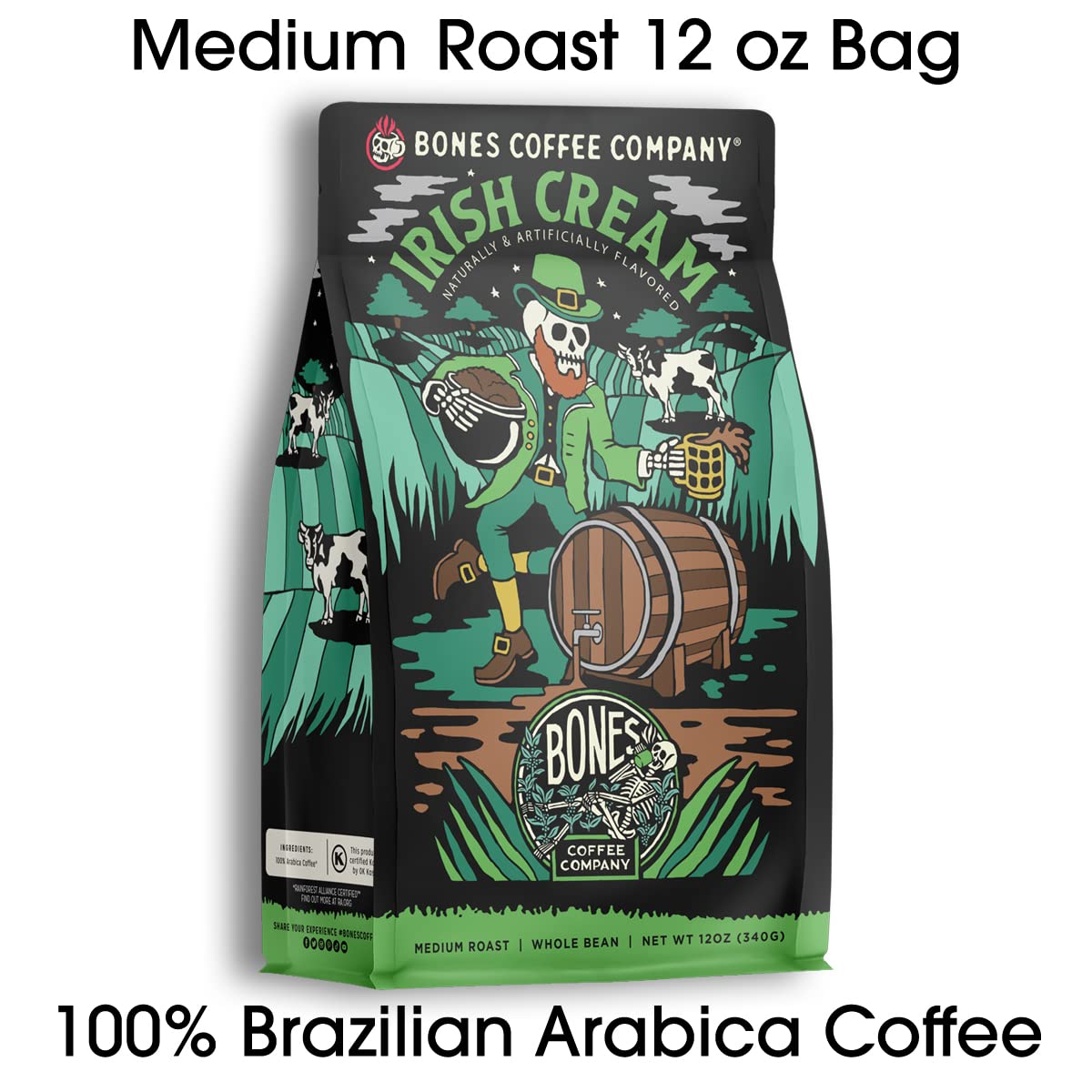 Bones Coffee Company Irish Cream, Creamy Liqueur Flavored Coffee, Medium Roast Low Acid Arabica Beans Compatible with Auto drip and French Press