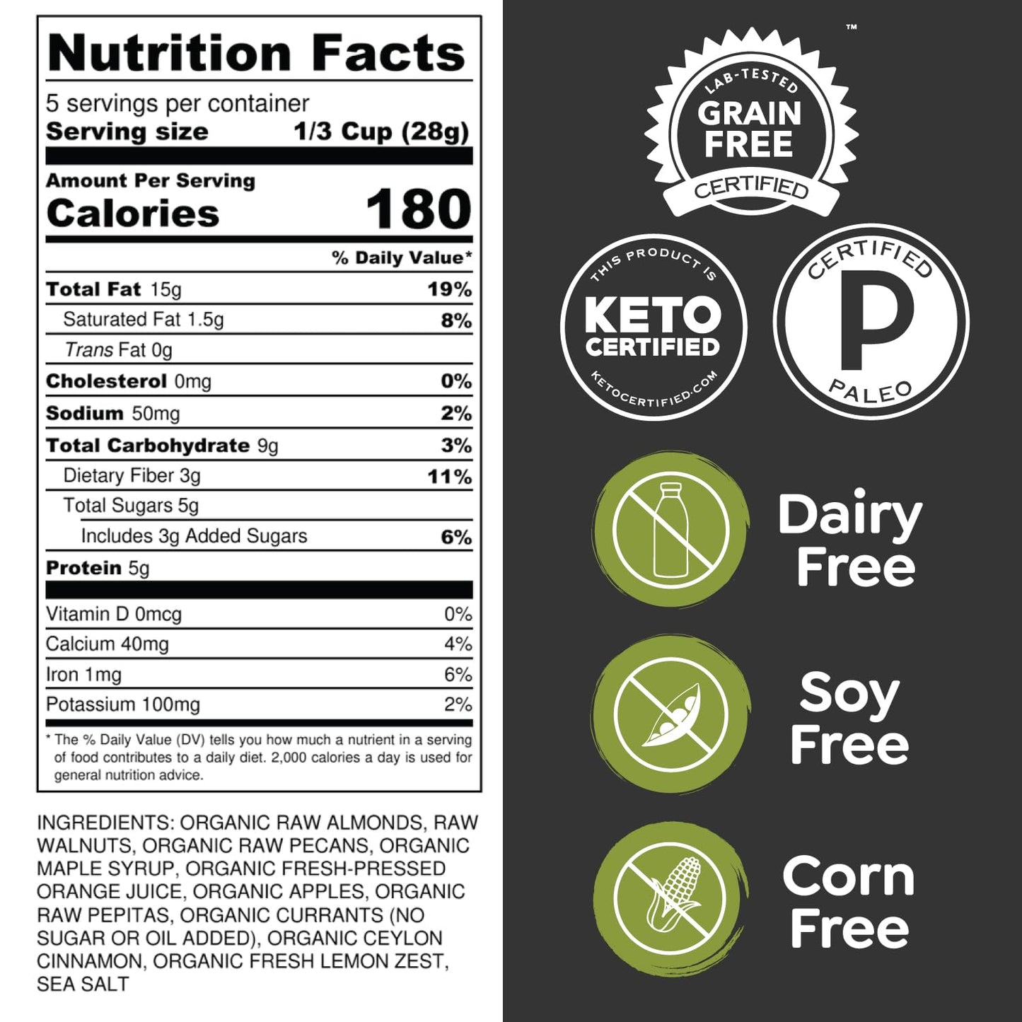Witzi's Grain Free Granola, Original, 5oz (Pack of 3), Made with Almonds, Apples & Cinnamon, Vegan, Keto, Gluten Free, Healthy Snack