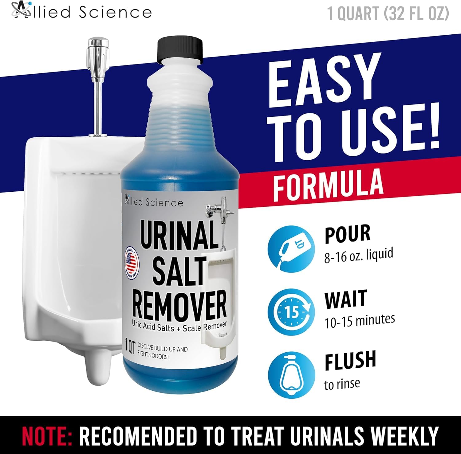 Allied Science Urinal Salt, Calcium and Mineral Scale Remover - Eliminates Urine Odor, Destroys Uric Acid Salt, Deposit Buildup