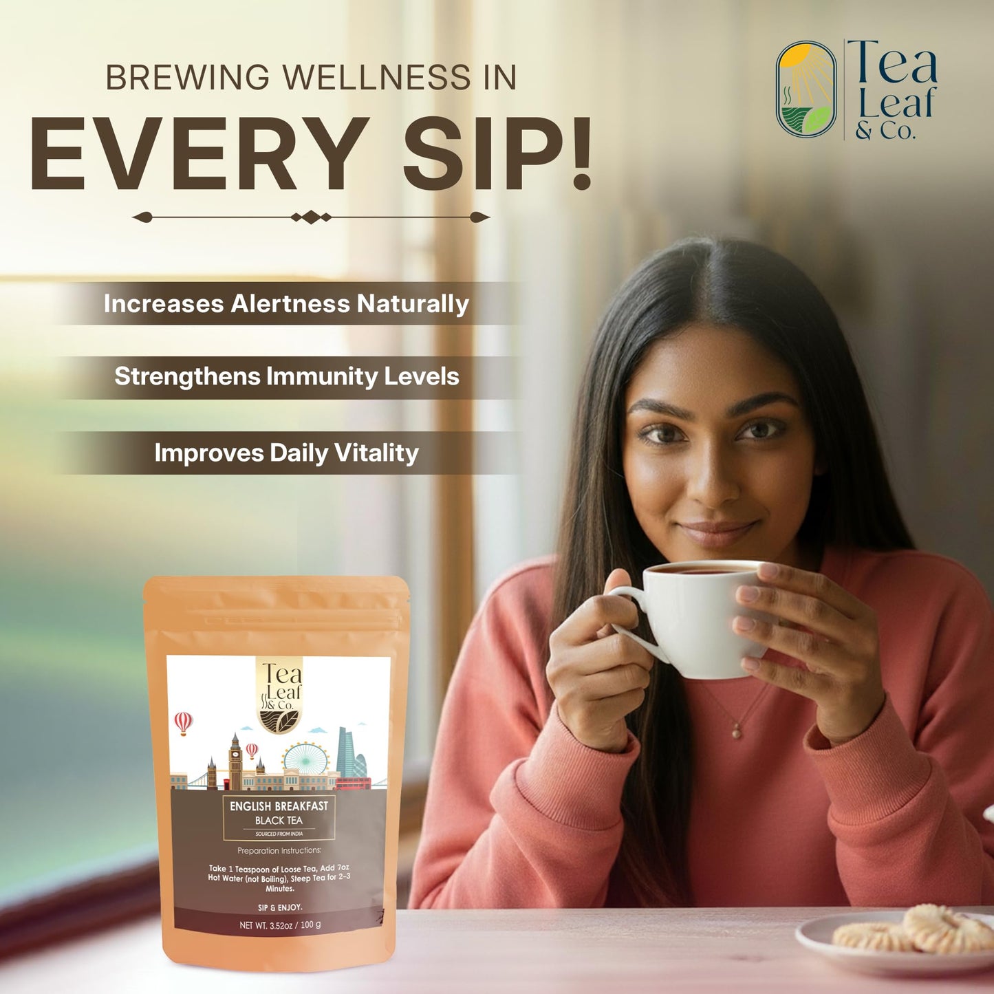 Tealeaf & Co. English Breakfast Black Tea - English Breakfast Tea in Loose Leaf Form - Contains Low Caffeine - Upto 50 Servings - Gluten Free