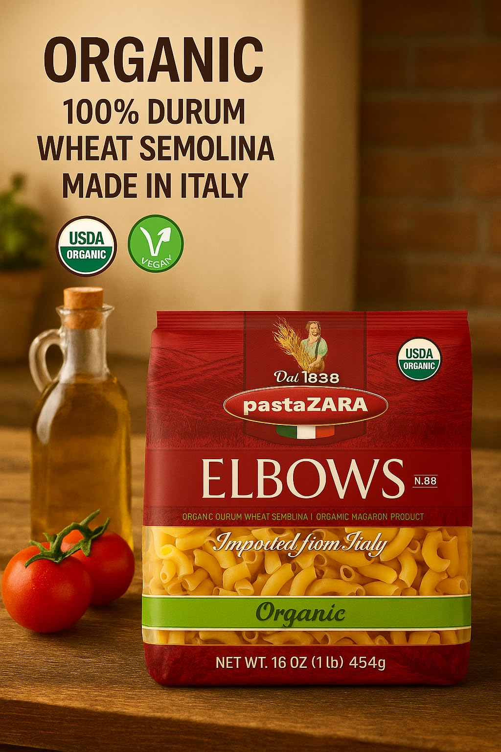 PASTA ZARA - Elbows - Organic - 100% Italian Pasta, Made with Durum Wheat Semolina Flour, Non GMO, Kosher (1 LB. BAG) - Consistently al Dente.