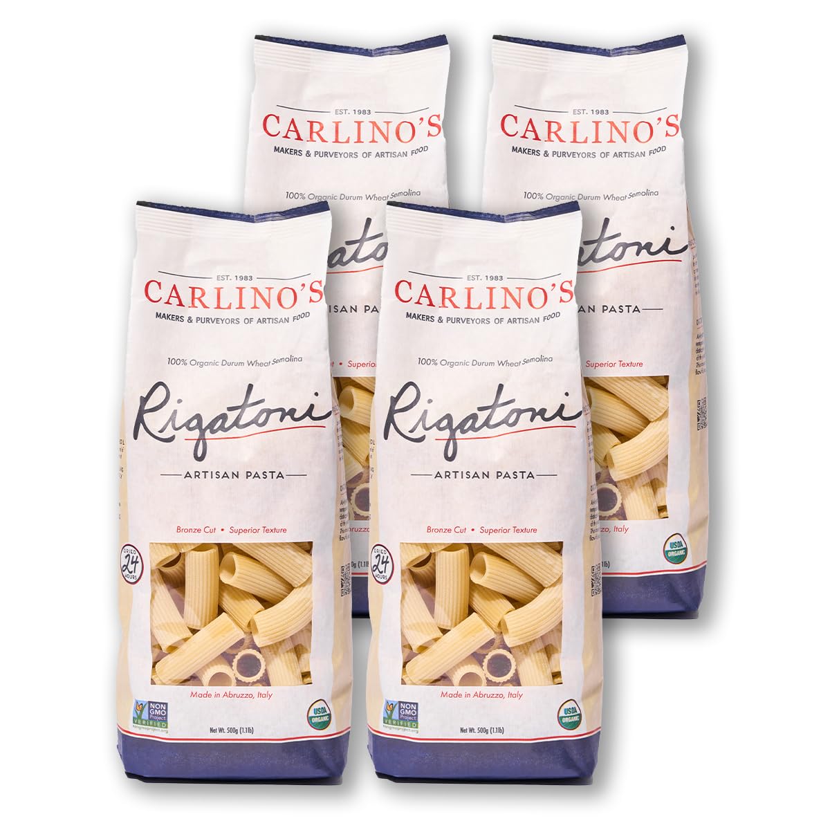 Carlino's Dried Rigatoni | Organic Durum Wheat Semolina | Bronze Die Cut | Air Dried | Non-GMO, USDA Organic, Made in Italy, 17.6 Oz (Pack of 4)