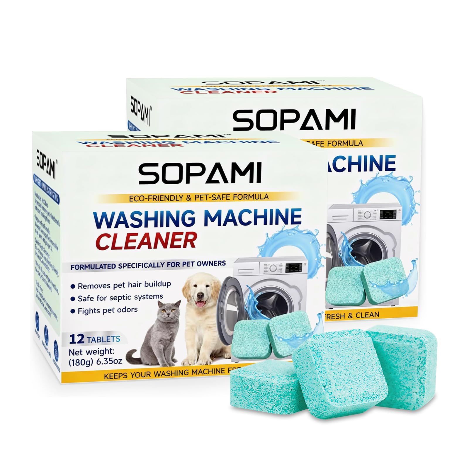 SOPAMI Washing Machine Cleaner Tablets 24-Pack (12 Month Supply) for HE/Top/Front Load Washers - Removes Stubborn Pet Hair, Odors, Mold & Residue