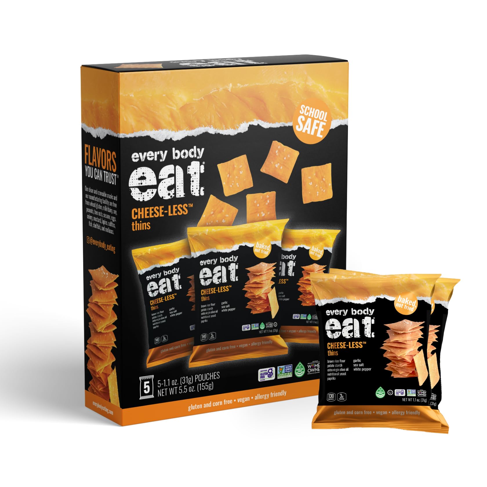 Every Body Eat Snack Cracker Thins Multi-Pack, Cheese-Less - Gluten Free, Vegan, Dairy Free, and Seed Oil Free, (1.1oz Pack of 5)
