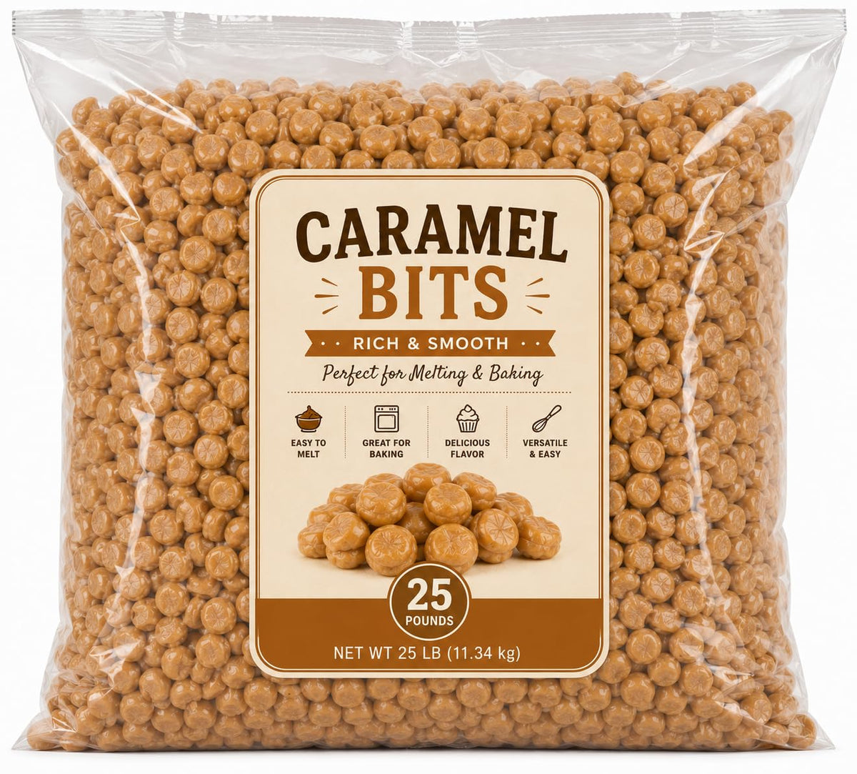 Caramel Baking Bits Unwrapped Candy for Melting & Topping - 25 lb (Approx. 16750 pieces)