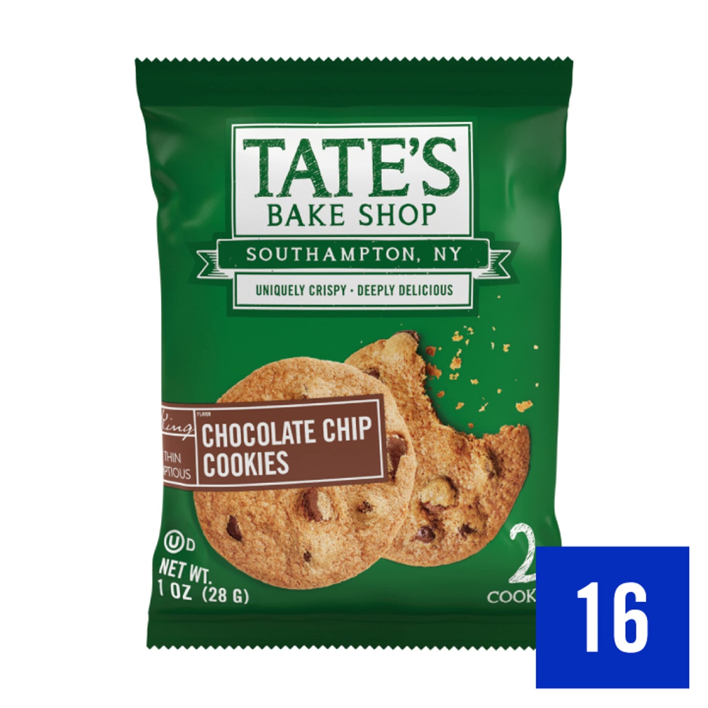 Tate’s Bake Shop Chocolate Chip Cookies, 16 - 2 Cookie Snack Packs (2 Boxes)