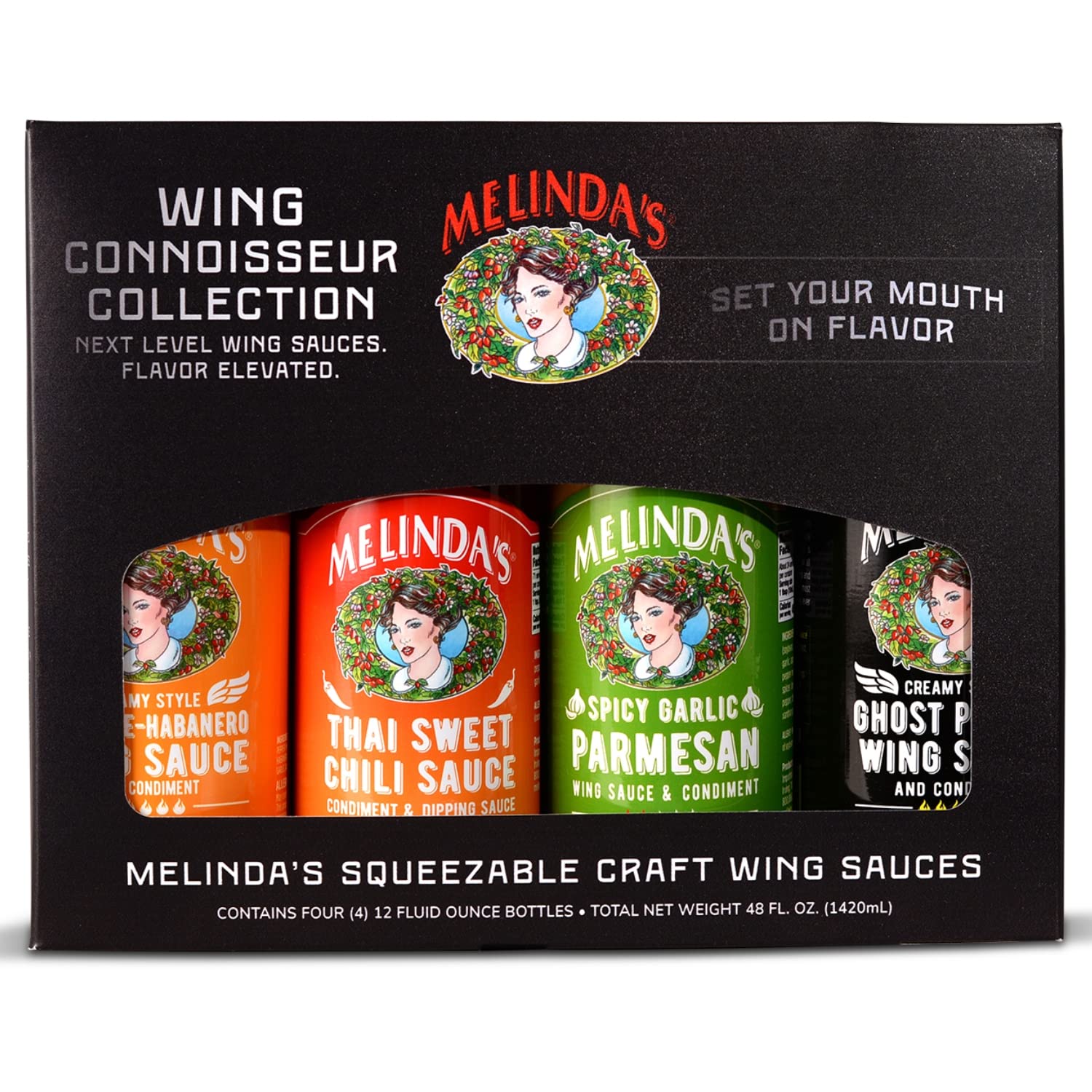 Melinda’s Wing Connoisseur Collection - Craft Wing Sauce & Condiment Set for Buffalo Wings - With Creamy Style Cayenne Habanero, Thai Sweet Chili