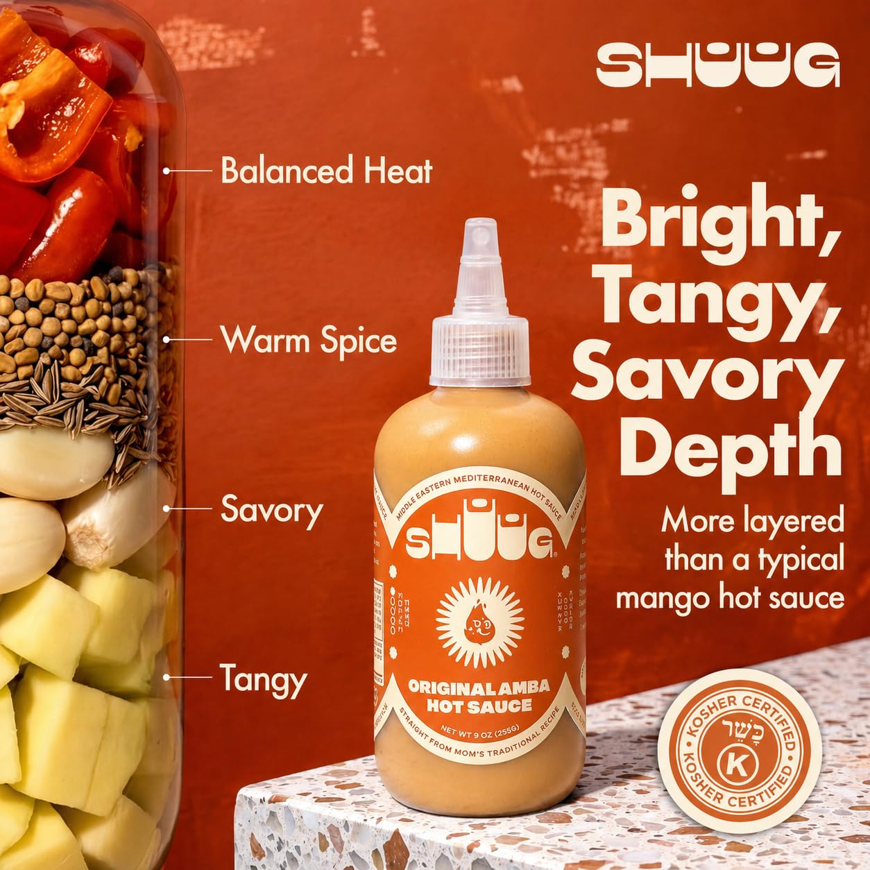 SHUUG Amba Sauce Organic (9oz) | Mango Curried Hot Sauce |Amba Mild to Medium Spice Mango | Vegan, Non-GMO, Kosher | Flavor Cooking, Dipping