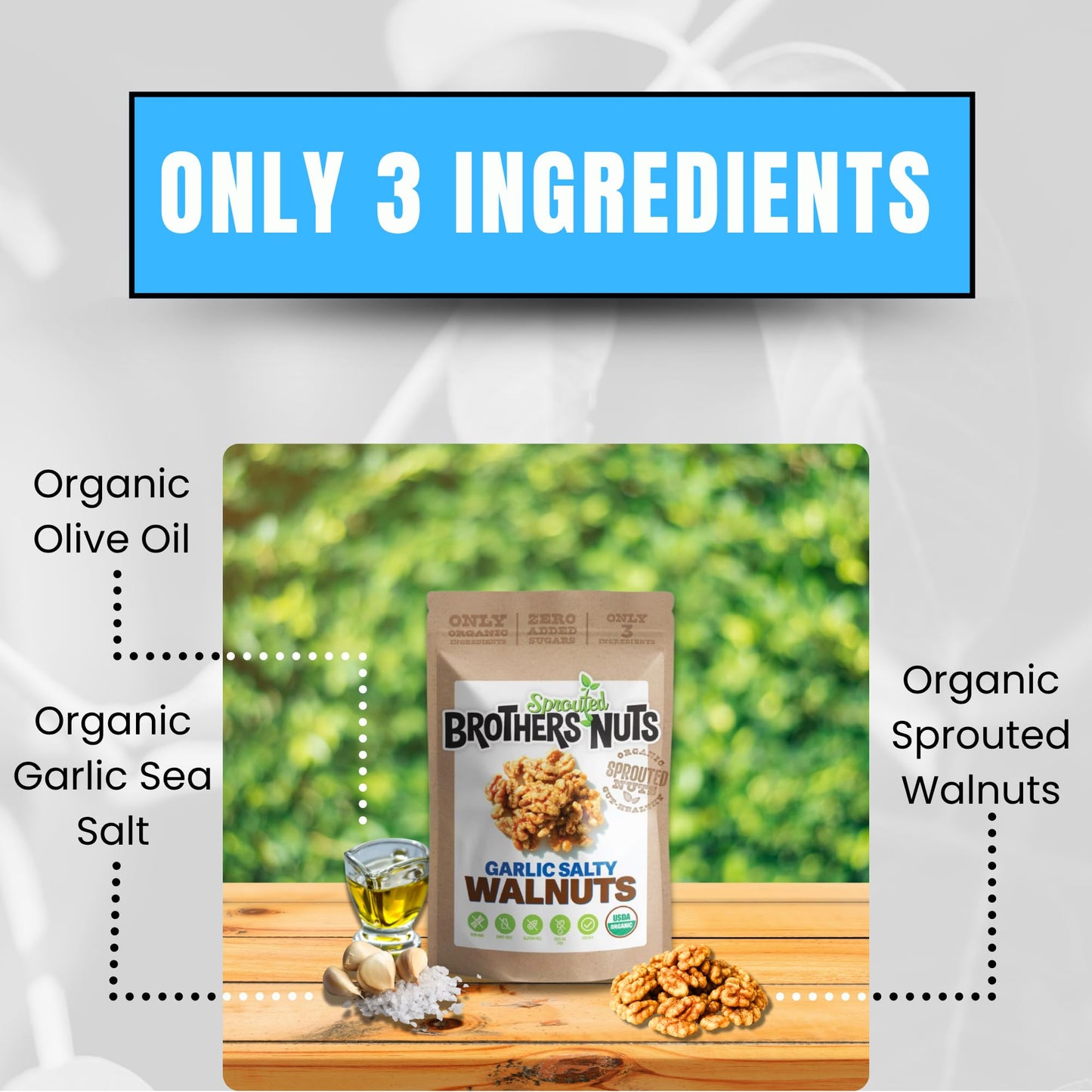 Brothers Nuts Garlic Salty Walnuts - Organic, Sprouted Walnuts - Healthy Keto Snack - Vegan, Gluten-Free, Kosher - No Preservatives - 6 oz