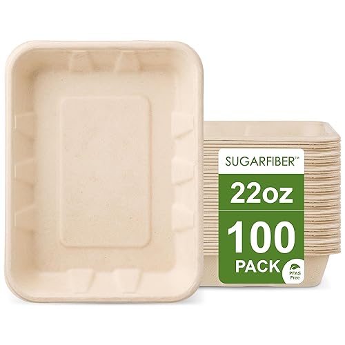 [100 COUNT]Harvest Pack 22 oz Compostable Food Trays, 8.49" x 6.45" x 1.3" Disposable PFAS FREE Food Container, Bagasse Serving Paper Plates