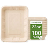 [100 COUNT]Harvest Pack 22 oz Compostable Food Trays, 8.49" x 6.45" x 1.3" Disposable PFAS FREE Food Container, Bagasse Serving Paper Plates