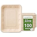 [100 COUNT]Harvest Pack 22 oz Compostable Food Trays, 8.49" x 6.45" x 1.3" Disposable PFAS FREE Food Container, Bagasse Serving Paper Plates