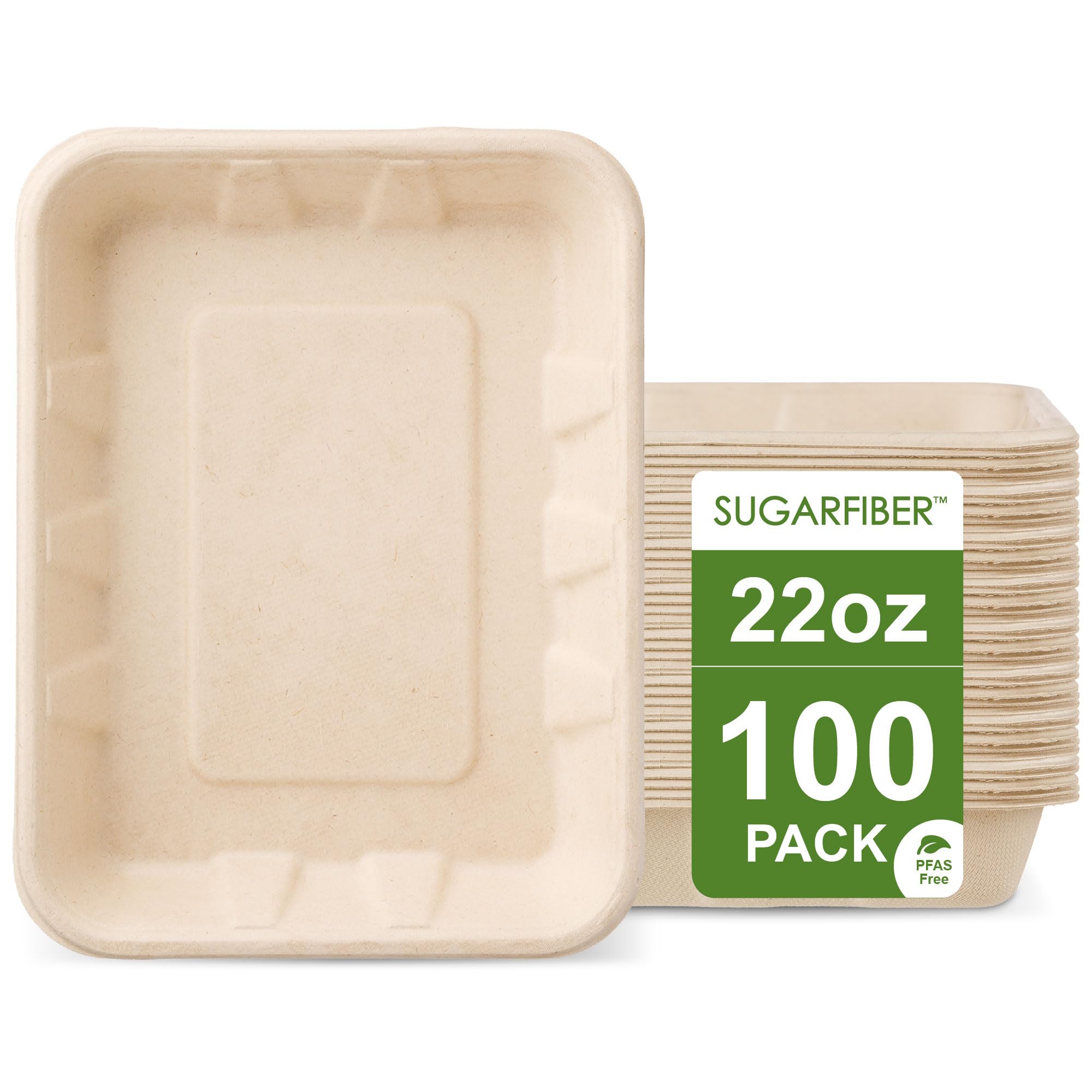 [100 COUNT]Harvest Pack 22 oz Compostable Food Trays, 8.49" x 6.45" x 1.3" Disposable PFAS FREE Food Container, Bagasse Serving Paper Plates