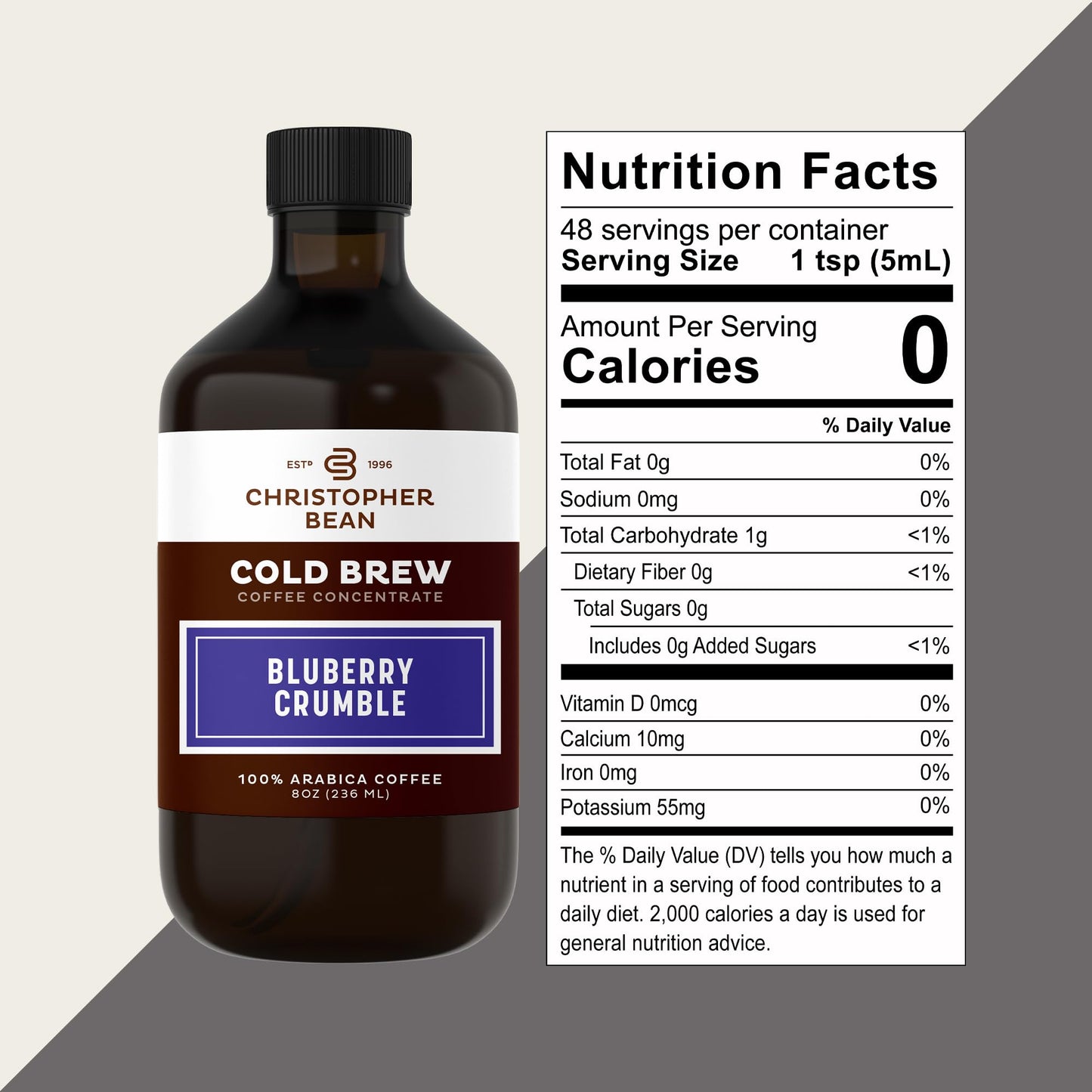 Christopher Bean Hand Crafted Blueberry Crumble Flavored Coffee - Unsweetened Cold Brew & Iced Instant Coffee Distillate Liquid Java - Blueberry